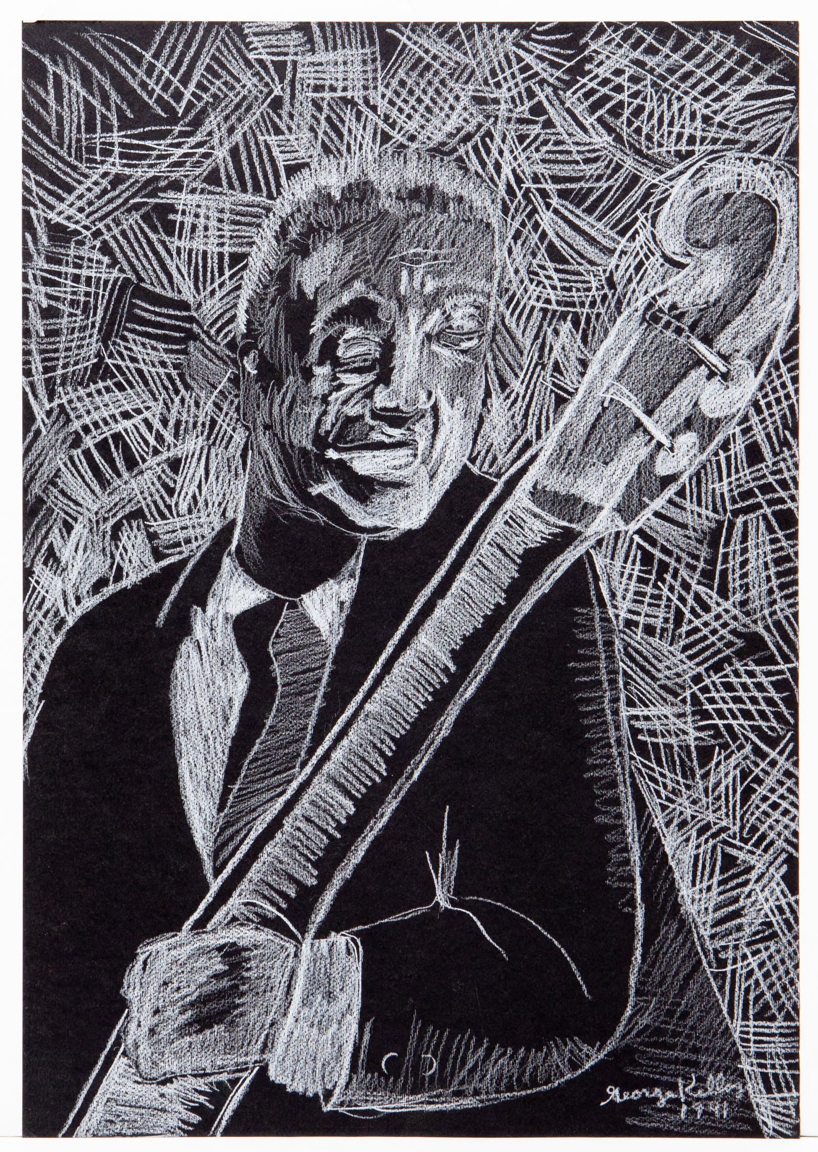 White crayon or chalk drawing on black paper of a male musician playing guitar, surrounded by dense crosshatched lines.