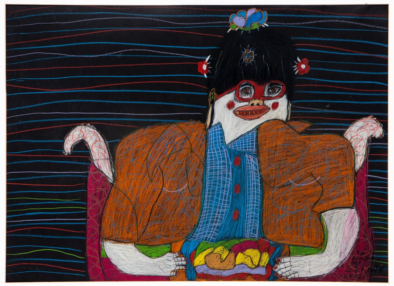Colored pencil drawing of a masked figure with black hair seated in a chair, holding a colorful basket, on a dark striped background.