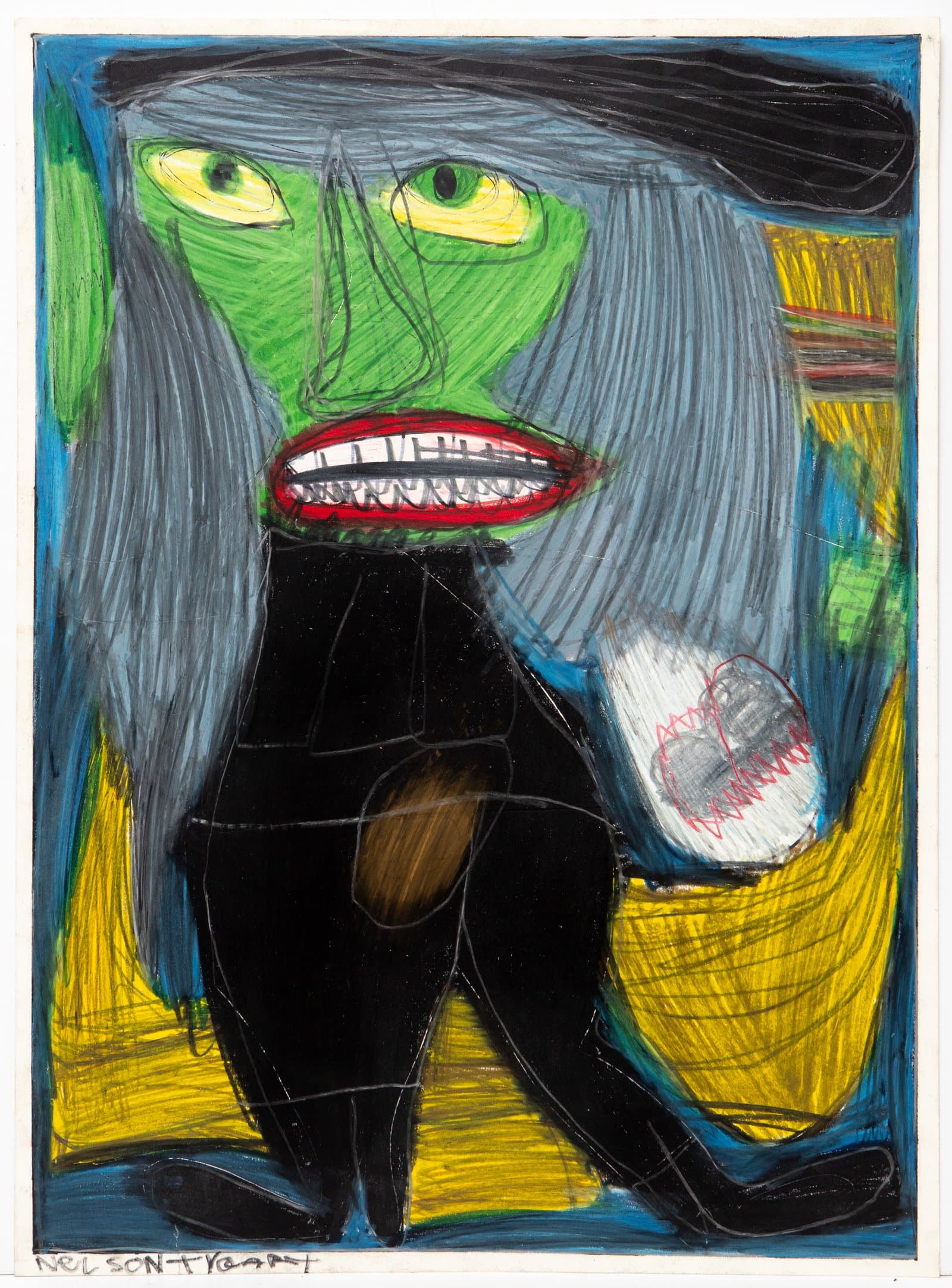 Figurative drawing in oil pastel of a green-faced figure in black clothing with yellow eyes and a red-lipped grin.