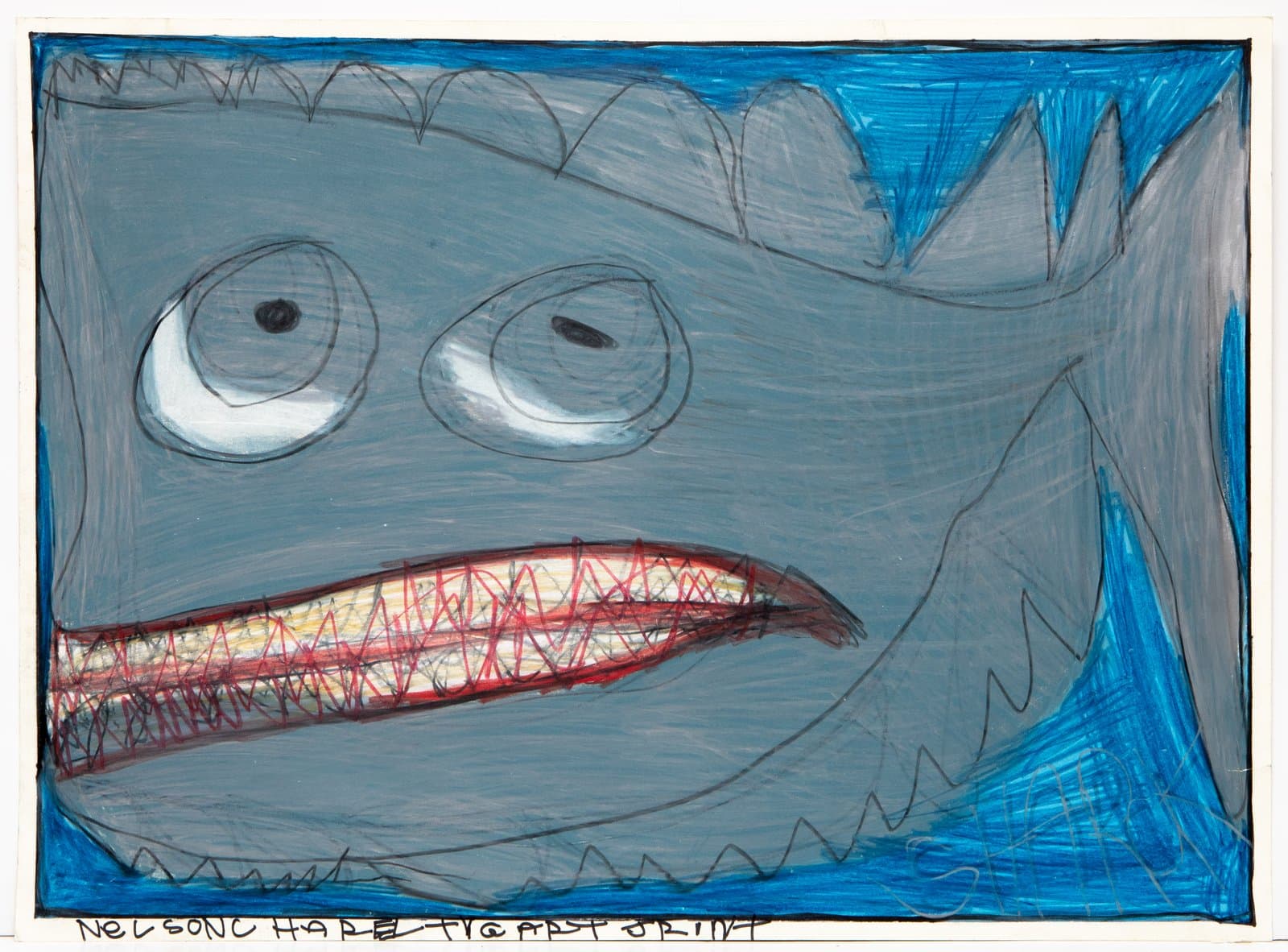 Drawing of a close-up monster face in gray and blue crayon with white eyes, red mouth, and jagged spikes on white paper.