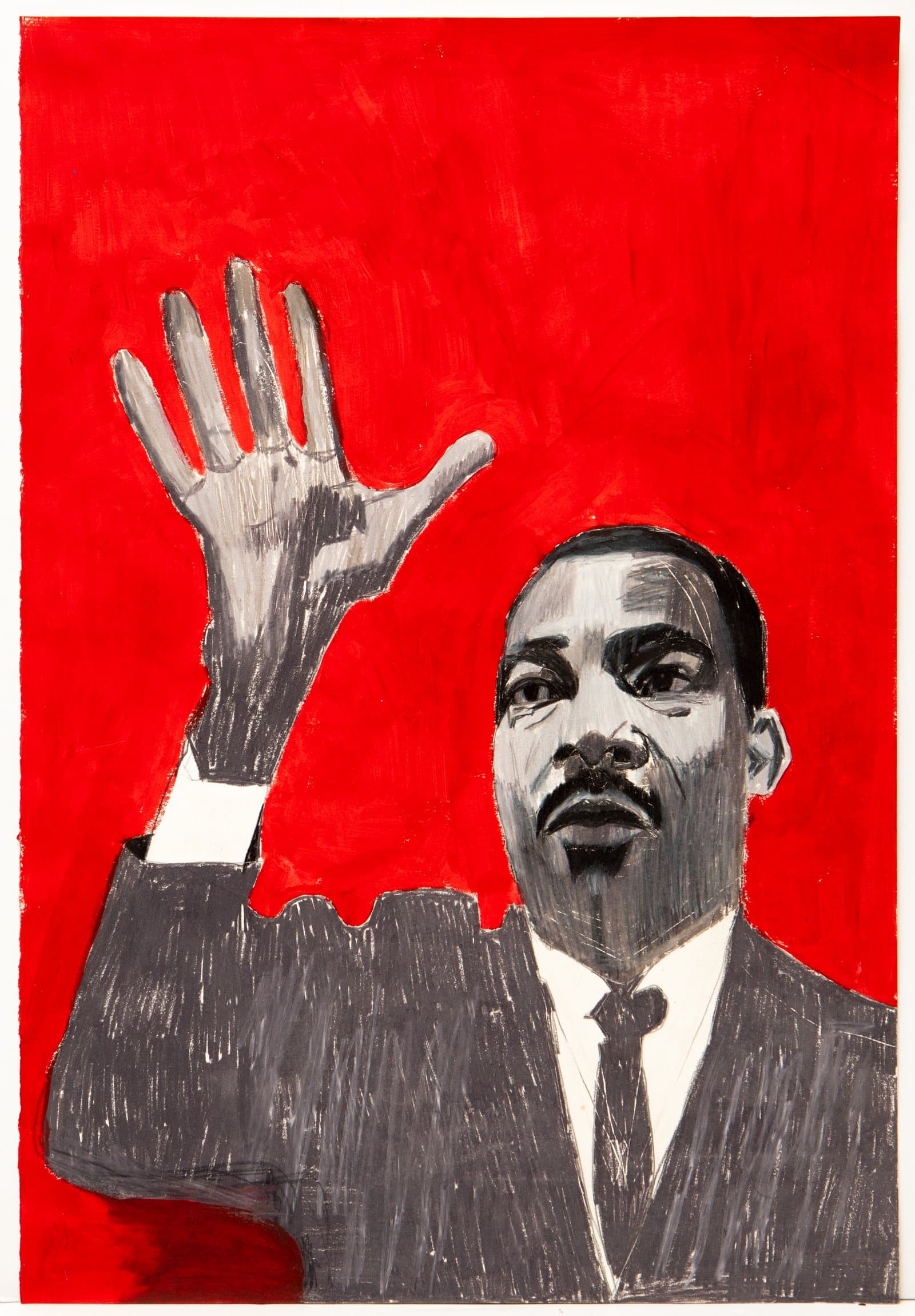 Portrait painting of Martin Luther King Jr. in gray tones, right hand raised, against a vivid red background. Color pencil on paper.