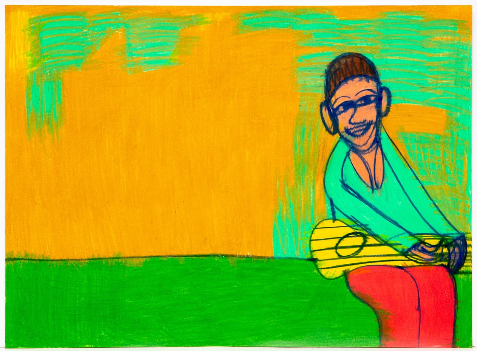 Painting of a smiling figure playing a yellow guitar, wearing teal shirt and red pants, on a bold orange and green background.