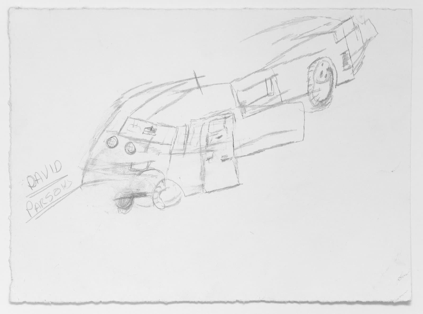 Pencil drawing of a car rendered diagonally on white paper, signed 'David Parsons' in the lower left.