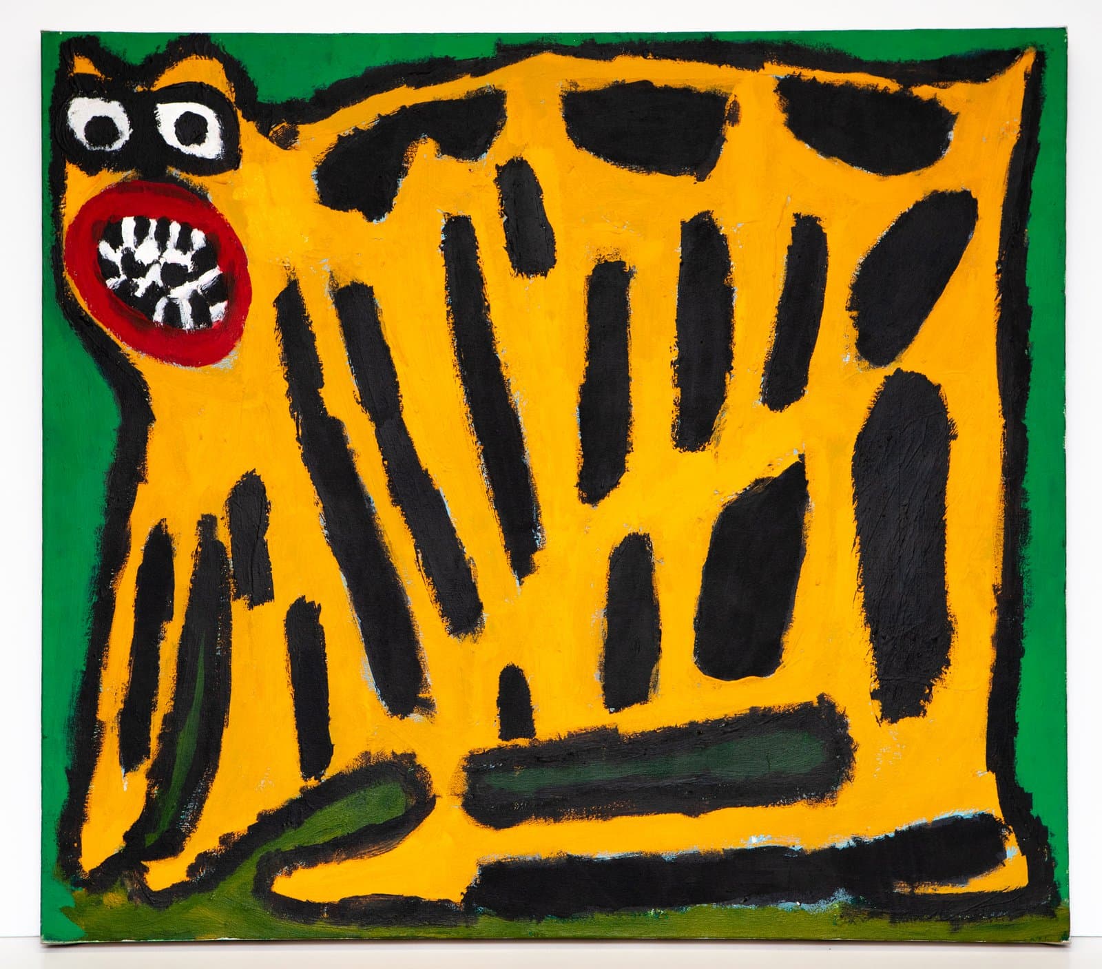 Acrylic painting of a large yellow tiger with bold black stripes, white round eyes, and an open red mouth on a green background.