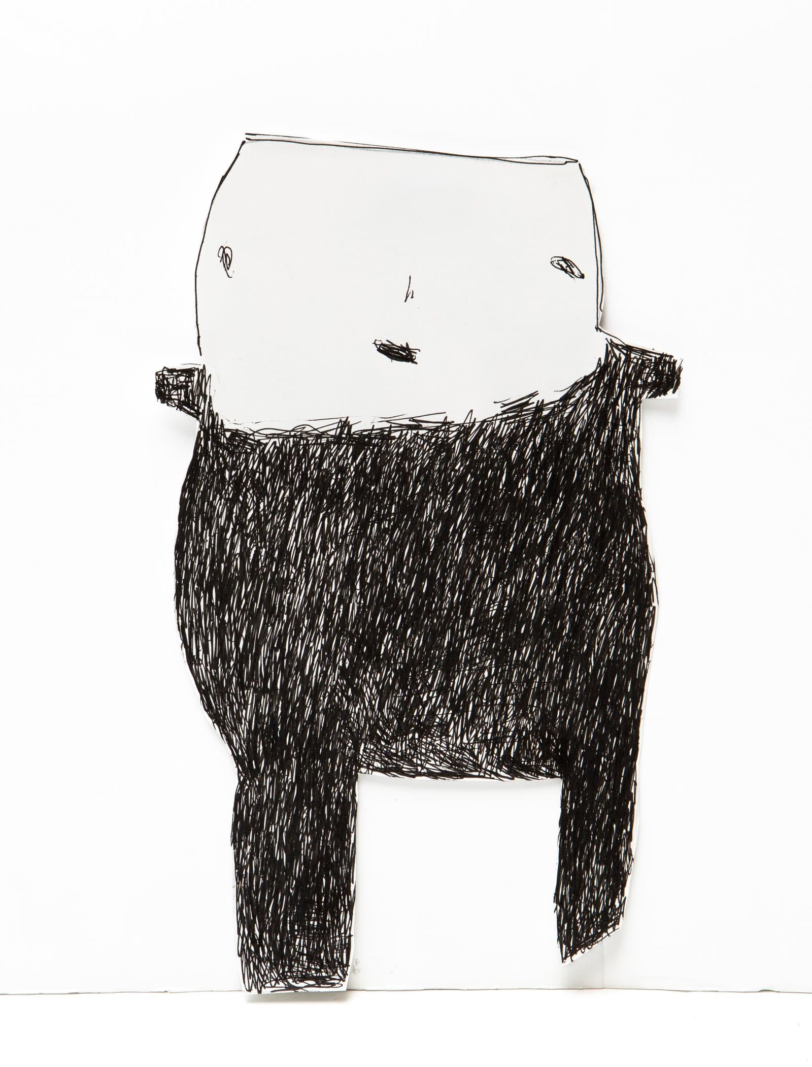 Ink drawing of a standing figure with a white rounded head and densely crosshatched black body on white paper.