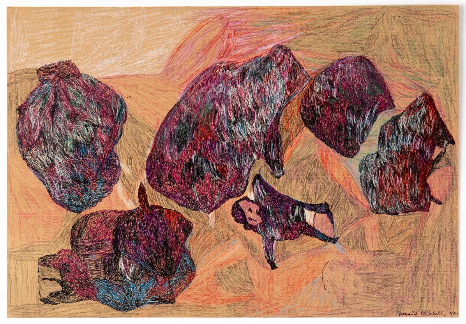 Ink drawing of five large dark reddish-purple rock-like forms and a small figure on a warm orange ground.