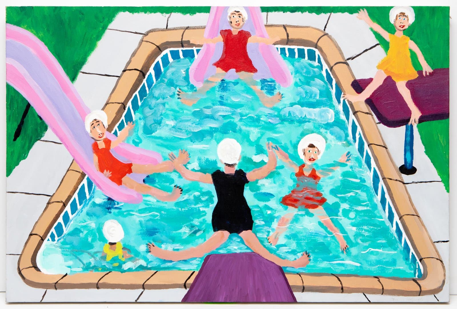 Acrylic painting of six figures in white swim caps at a turquoise pool with a pink slide, on green and gray surroundings.