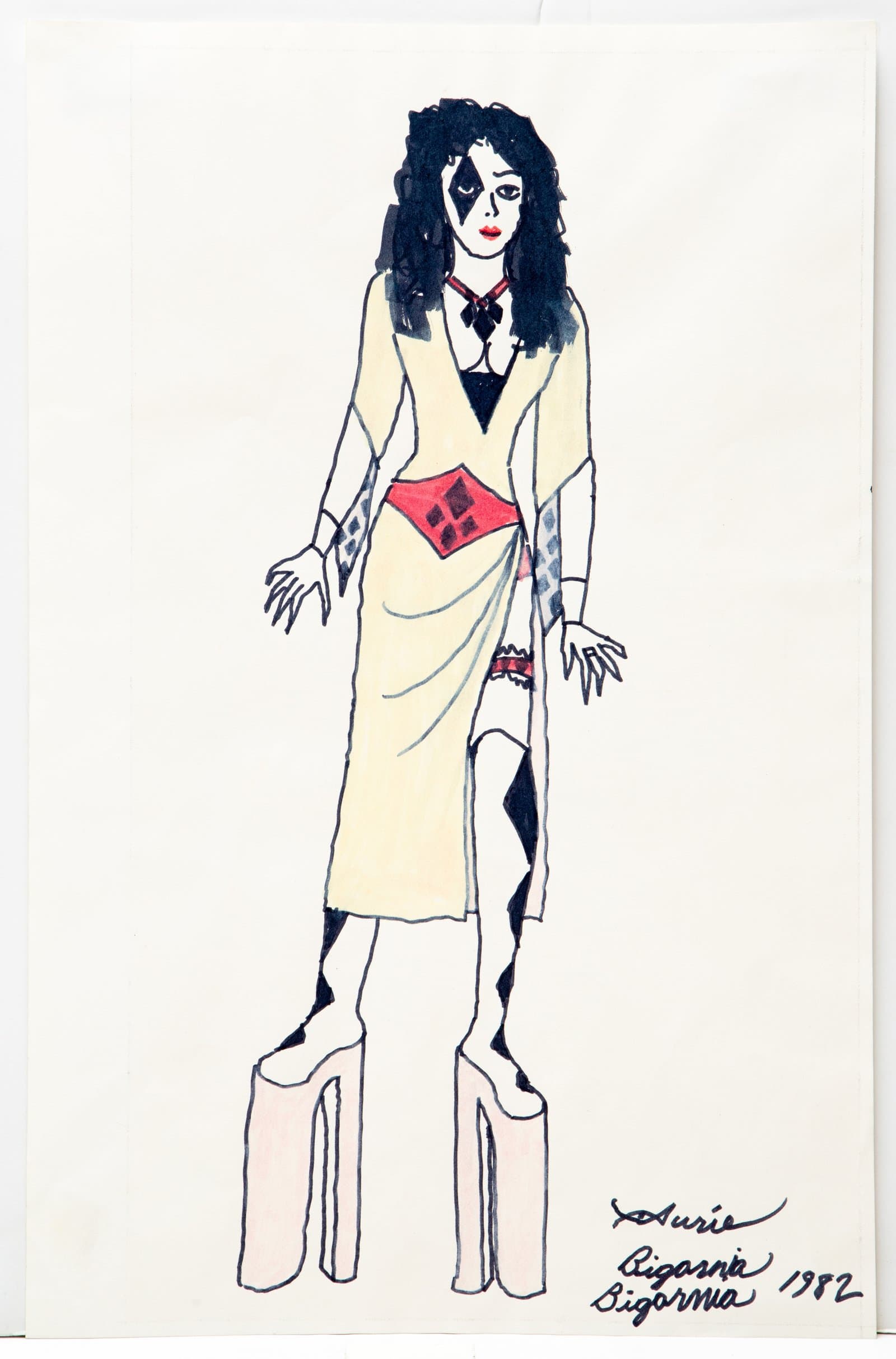 Ink drawing of a standing figure with dark face paint, cream draped dress, red belt, and towering platform boots.