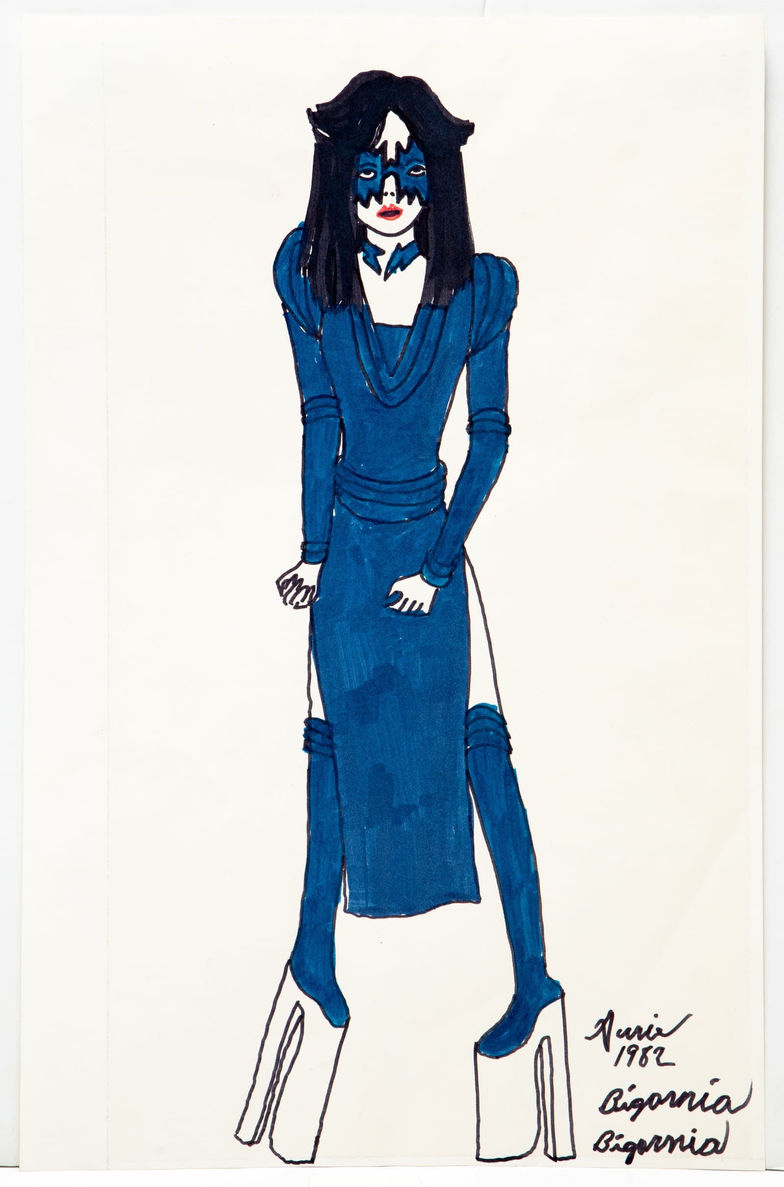Ink drawing of a full-length figure in a blue dress with dramatic face paint, long dark hair, and platform boots.