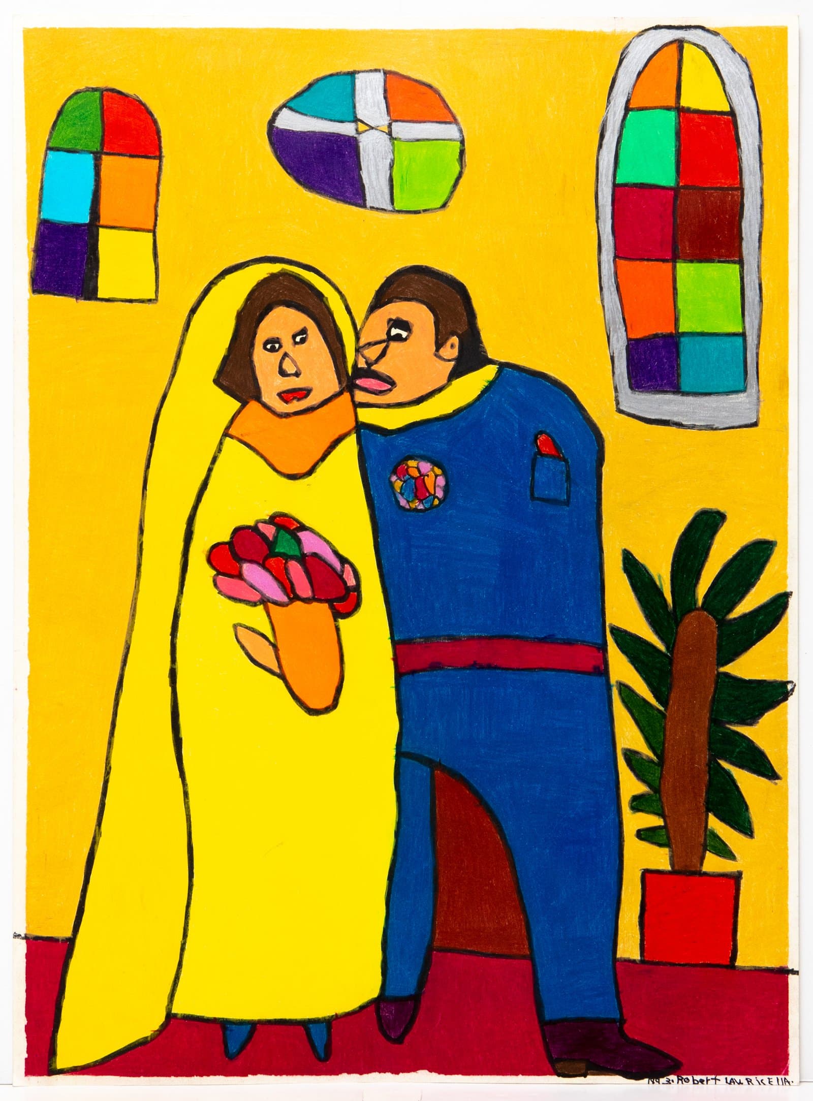 Pastel drawing of a bride and groom standing together against a bright yellow wall with colorful stained glass windows.
