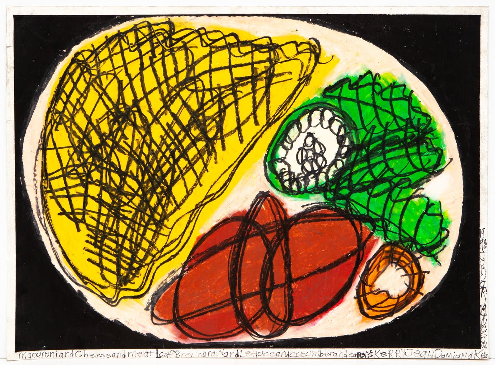 Pastel drawing of a meal on an oval plate with yellow macaroni, red meatloaf, and green vegetables on black background.