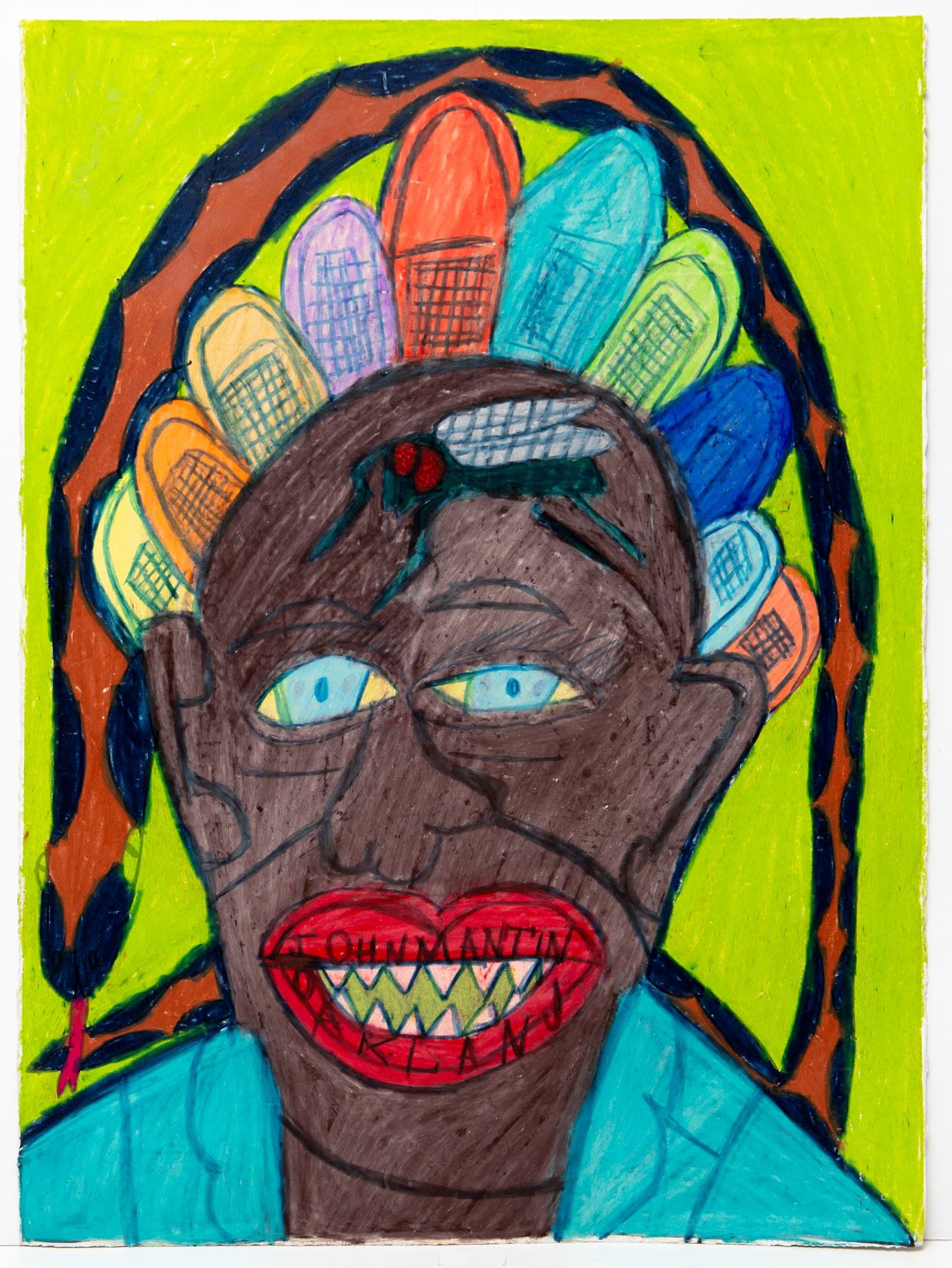 Pastel portrait of a dark-skinned figure with multicolored feathered headdress, yellow eyes, red lips, and text on teeth, on lime green.
