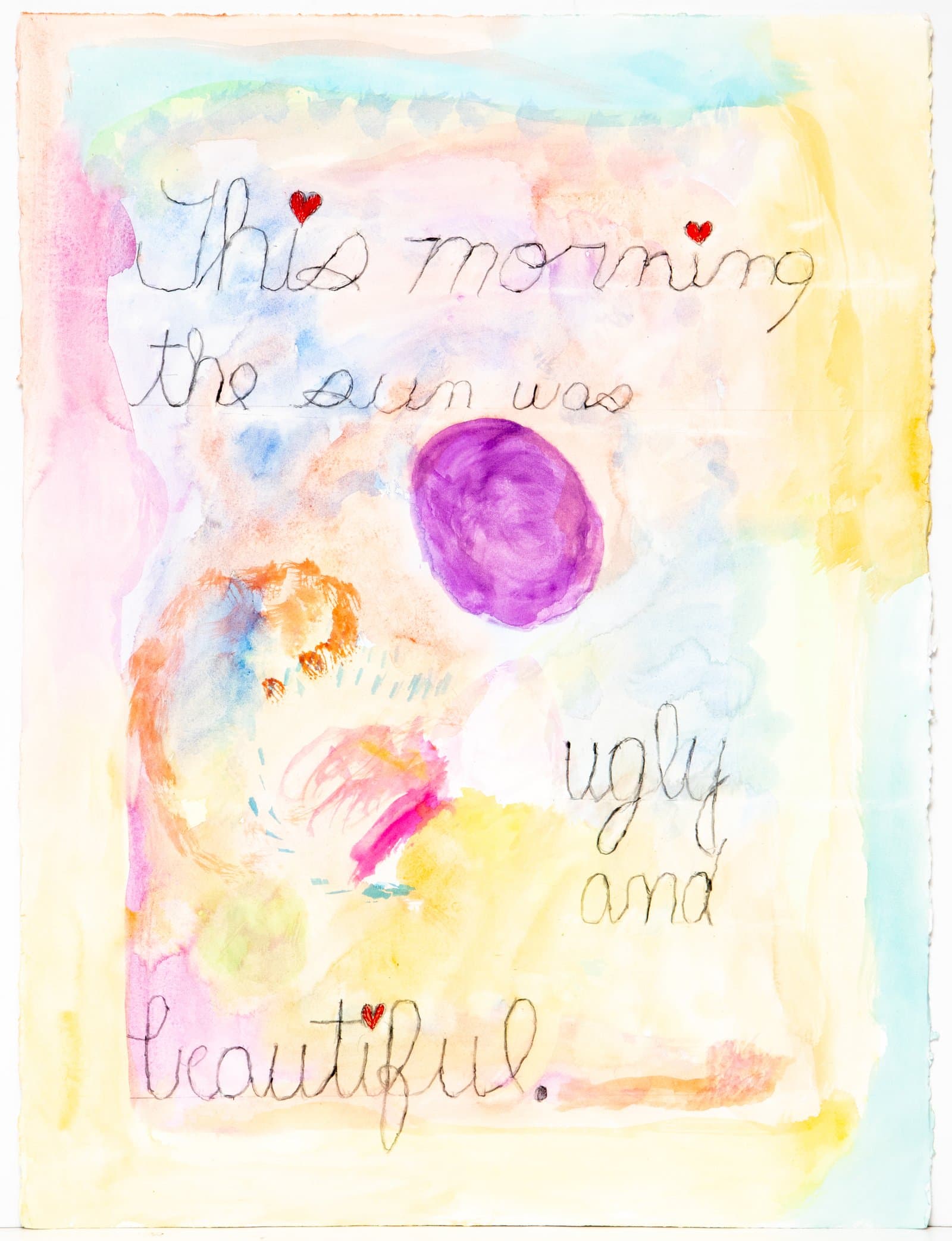 Watercolor and pencil on paper with handwritten text reading 'This morning the sun was ugly and beautiful' and a purple circle.