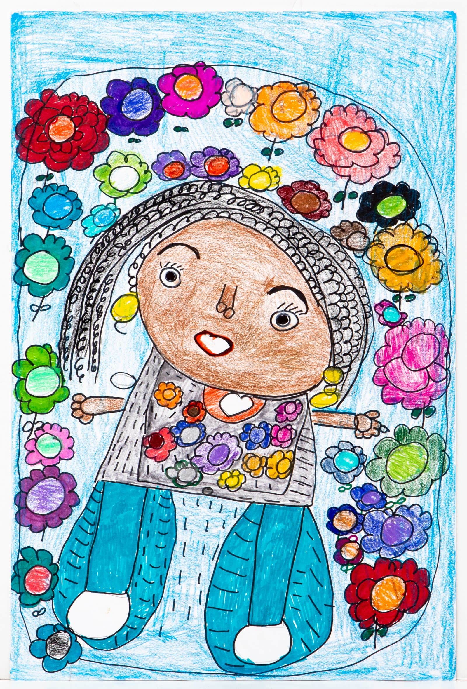 Pencil and ink drawing of a round-faced figure with braided hair surrounded by multicolored flowers on a light blue background.