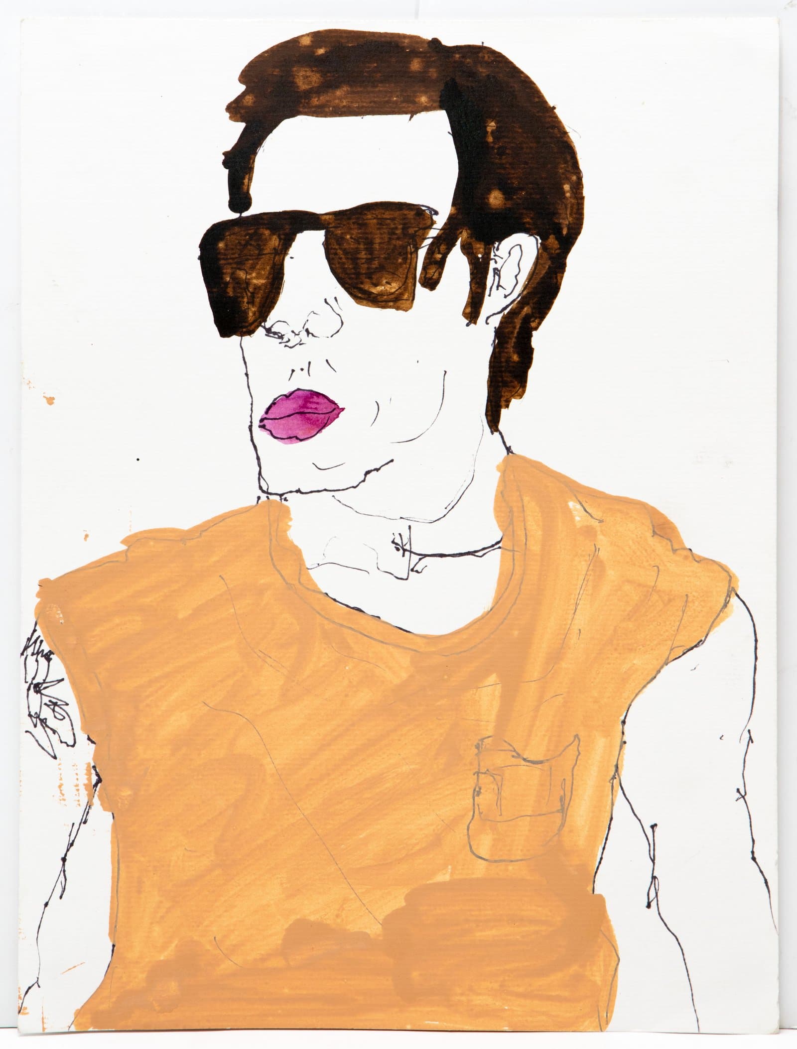 Watercolor and ink portrait of a figure with dark sunglasses, magenta lips, brown hair, and an orange t-shirt on white paper.