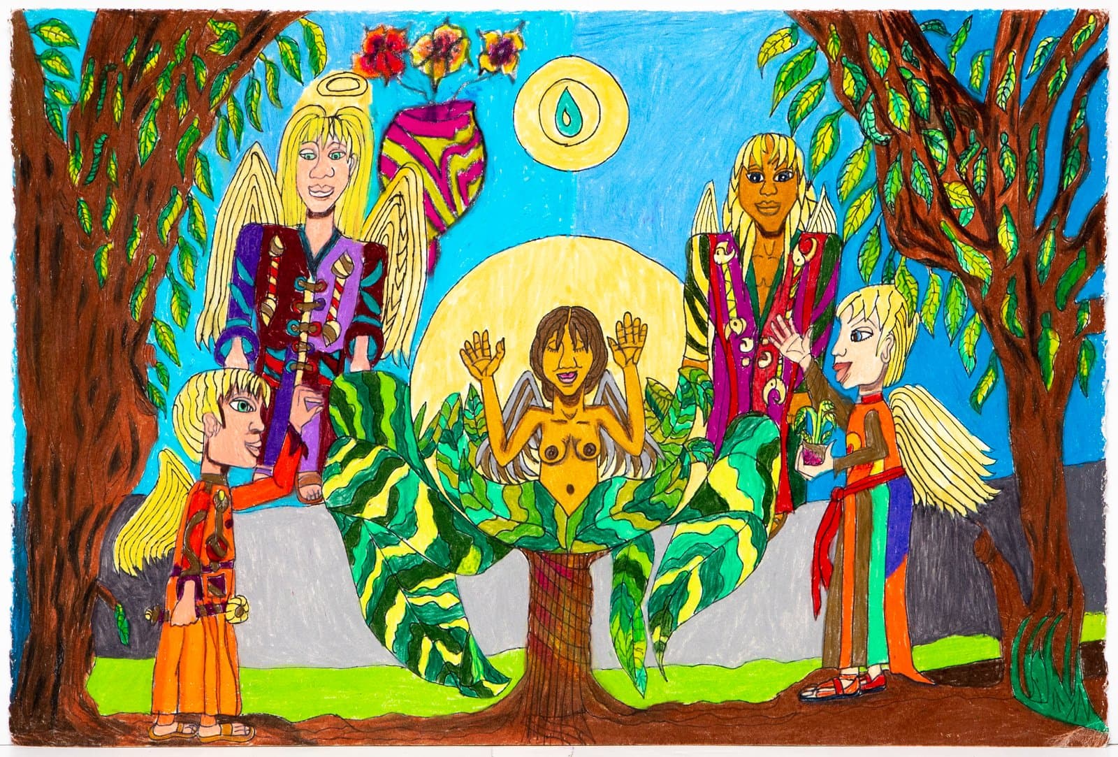 Colorful pastel and ink drawing of five winged figures and a central nude figure emerging from a large plant, set in a garden.