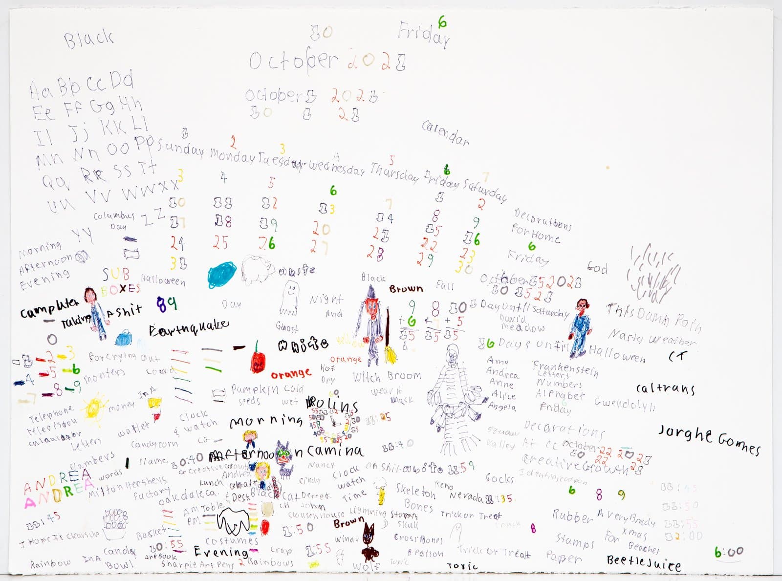 Dense ink drawing on white paper filled with handwritten text, numbers, small figures, and calendar grids in multiple colors.