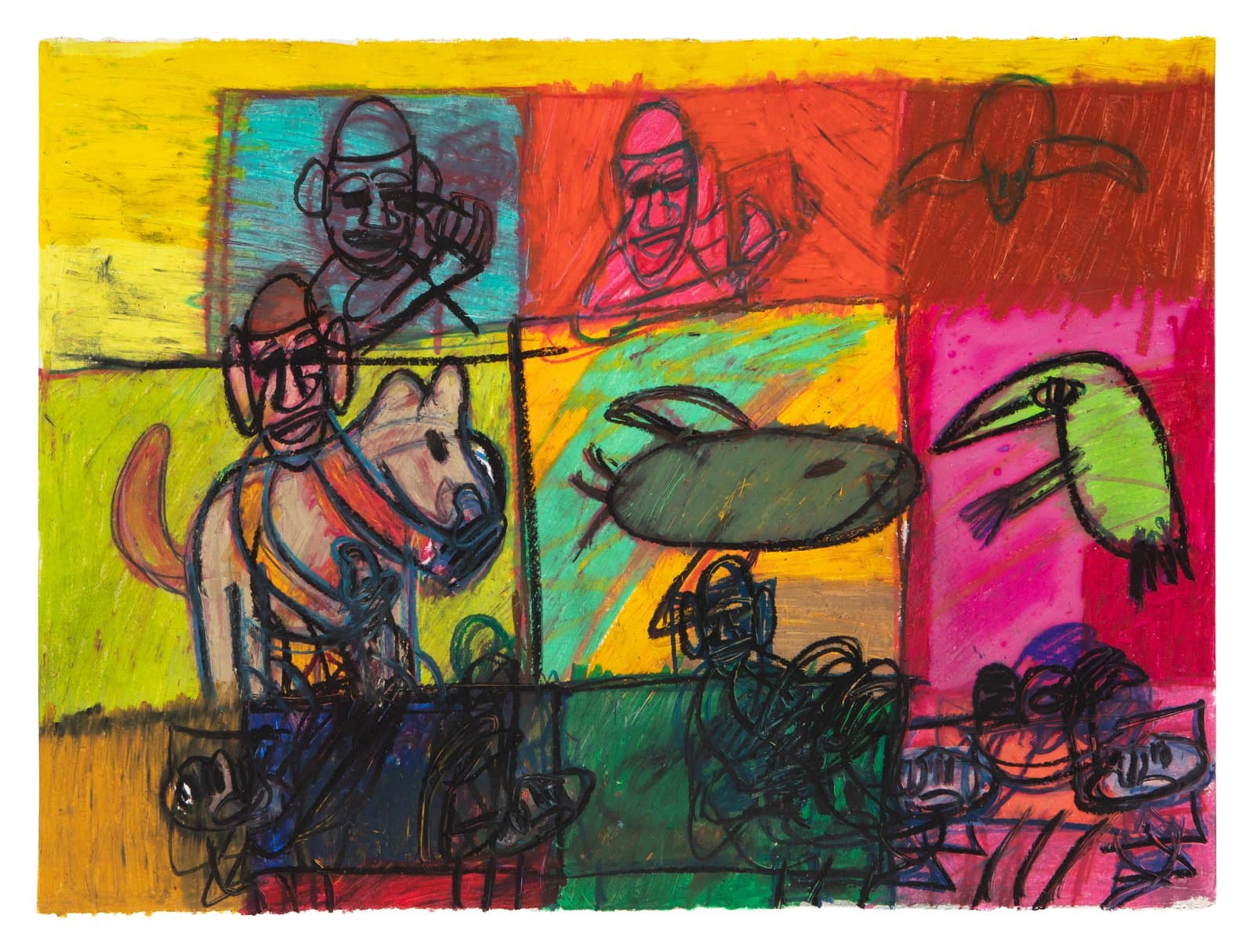 Vibrant pastel drawing divided into colored panels depicting human figures, a dog, birds, and abstract forms.