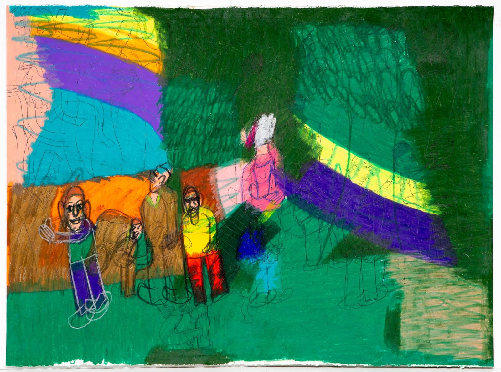 Pastel drawing of five human figures in bright colors against a green background with sweeping rainbow-like arcs.