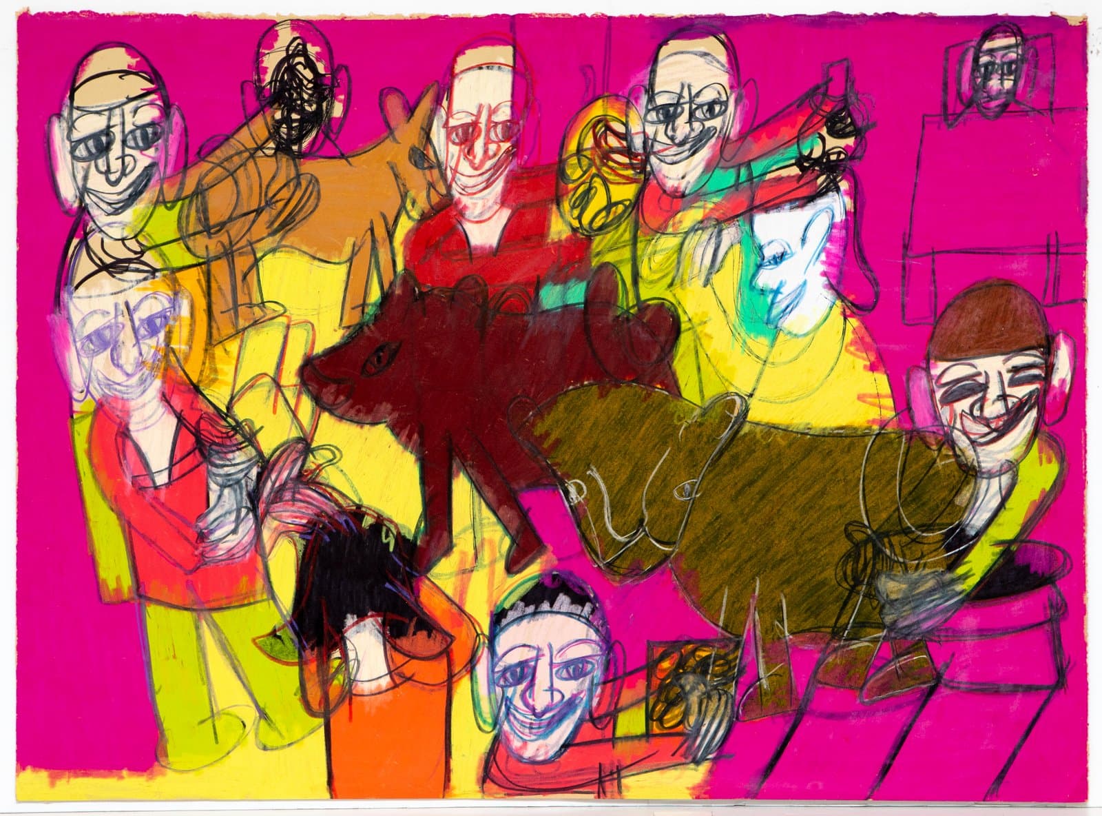 Pastel drawing on paper depicting multiple overlapping human figures and an animal on a vivid magenta background.