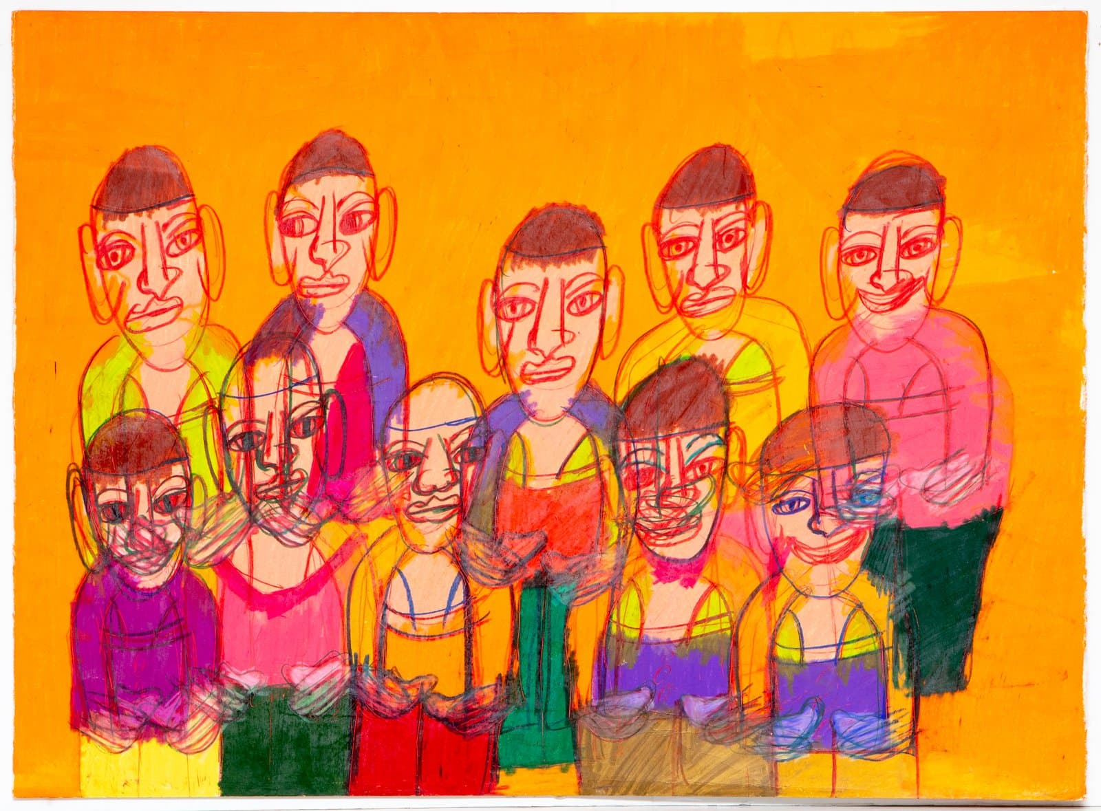 Pastel drawing of a crowd of stylized figures with oversized heads on a vivid orange background.
