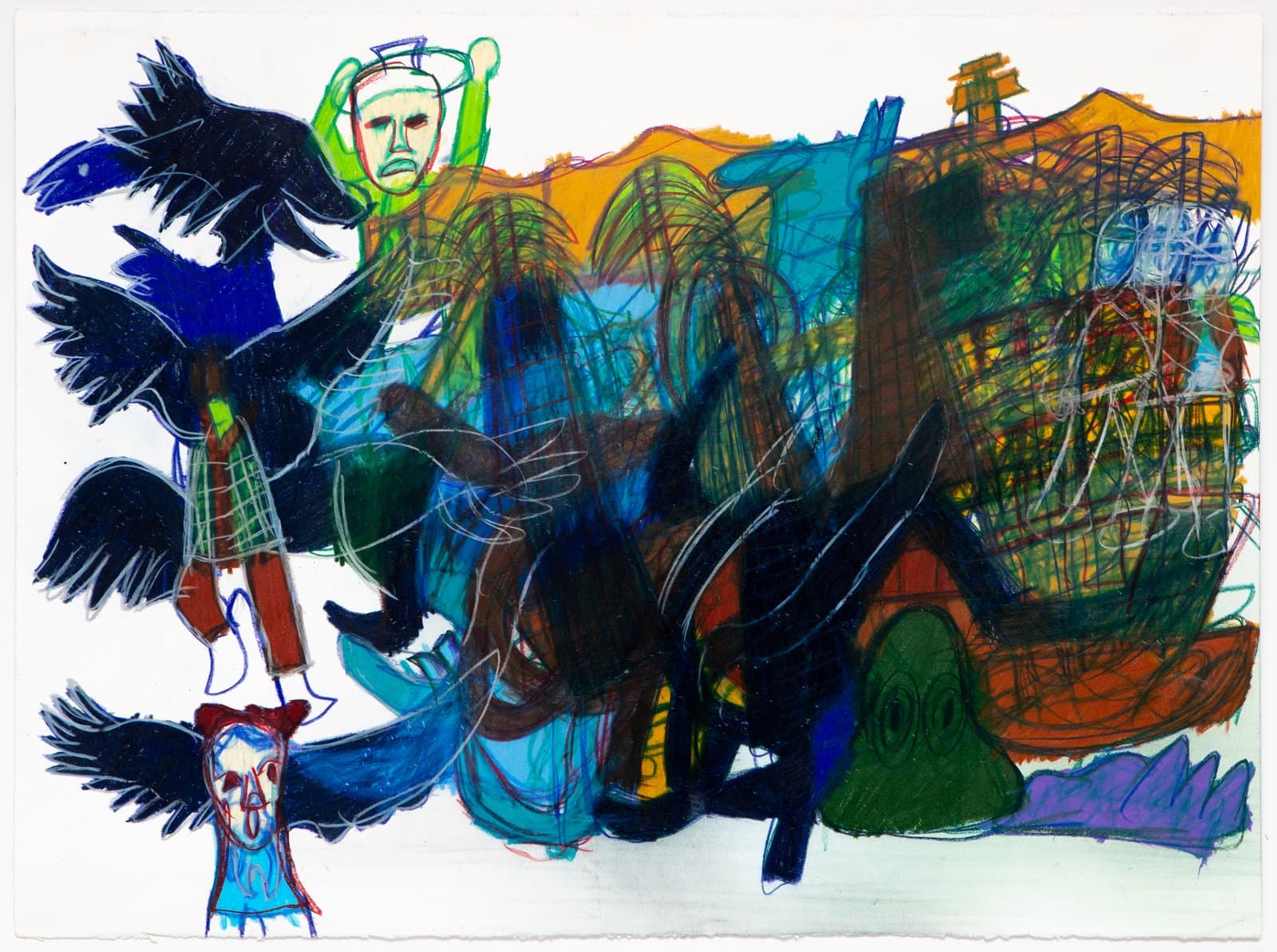 Pastel drawing featuring black birds, masked figures, and dense layered forms in blue, green, orange, and red on white paper.
