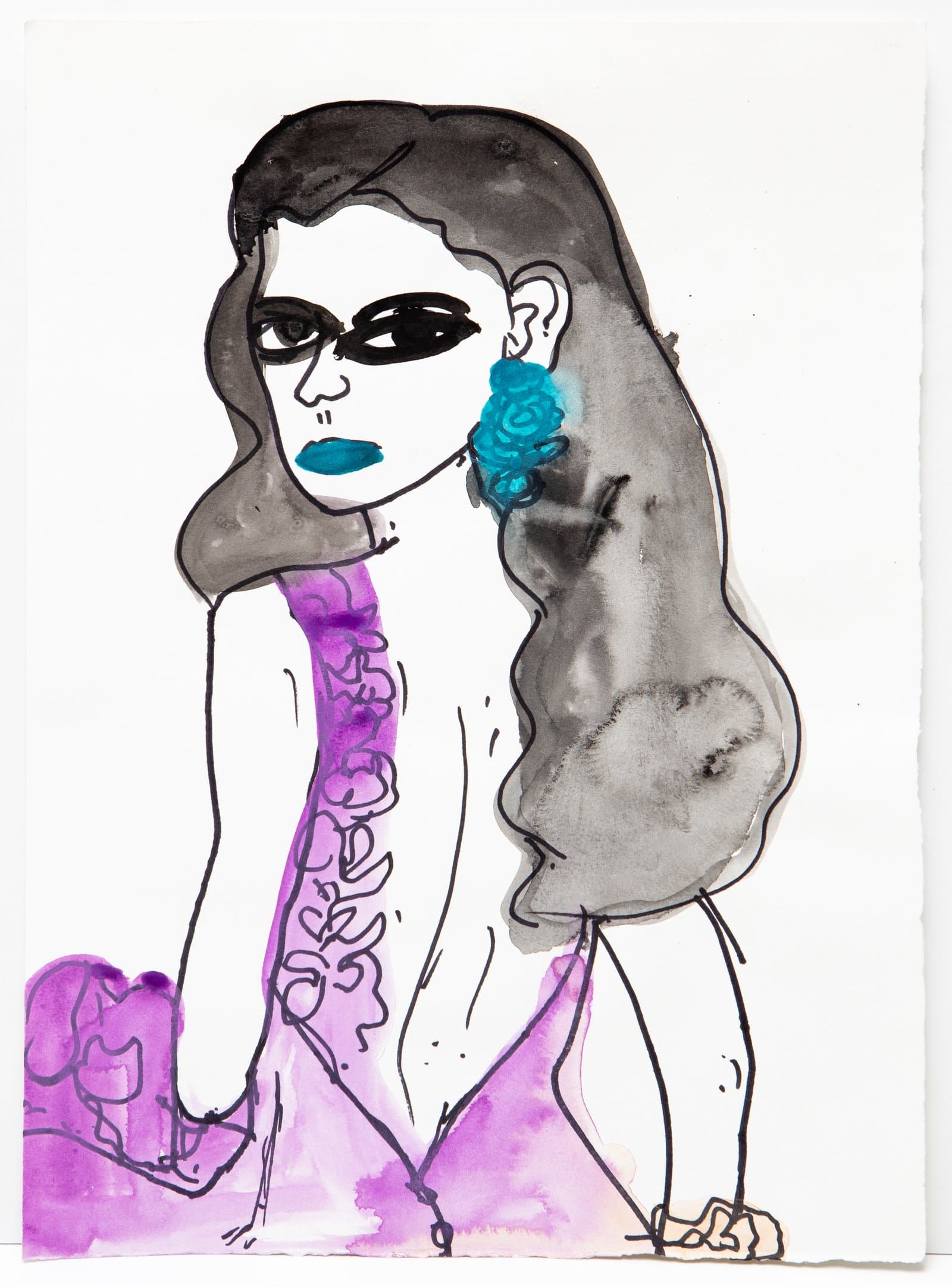 Watercolor and ink figure of a woman in a purple ruffled dress with teal lips, earring, and bold black eye makeup.