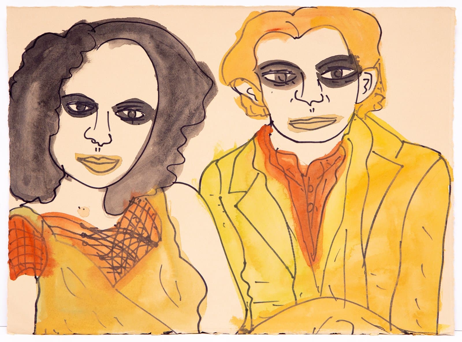 Watercolor and ink portrait of two figures side by side, rendered in warm yellows, oranges, and gray-browns on cream paper.