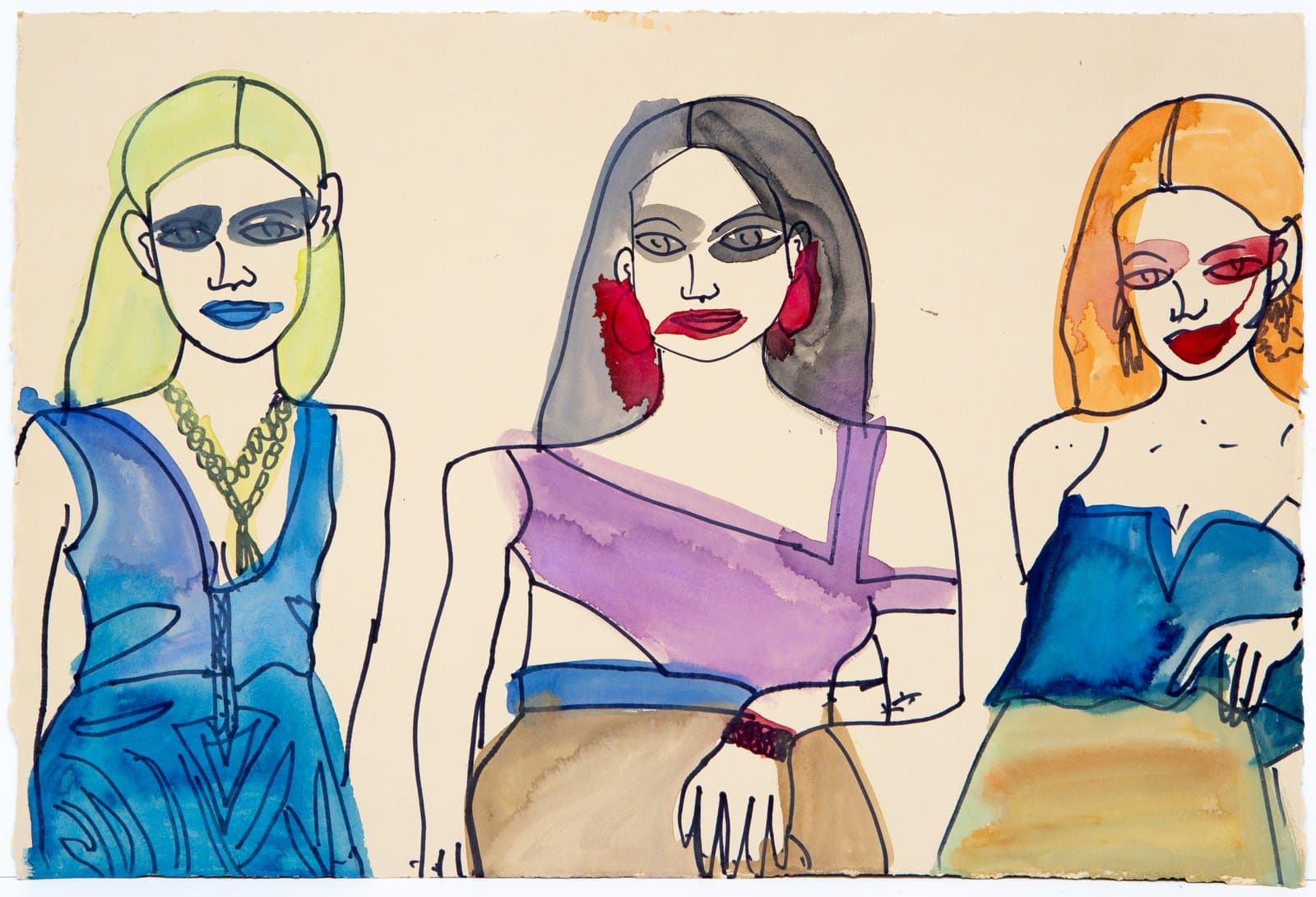 Watercolor and ink drawing of three stylized female figures in colorful outfits on cream paper.