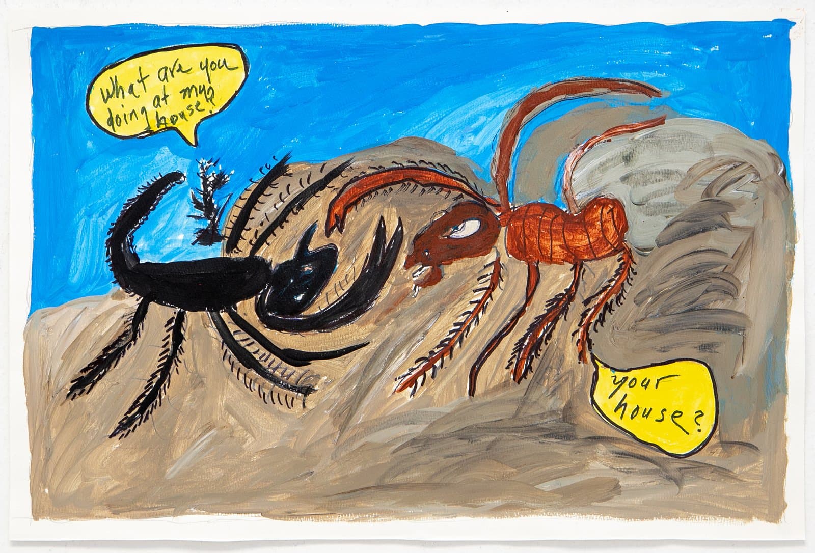 Acrylic painting of a black spider and red ant confronting each other on a brown mound, with yellow speech bubbles on blue background.
