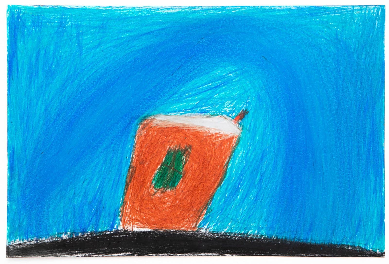 Pastel drawing of a house-like orange form with a white roof and green window against a vivid blue background and black ground.