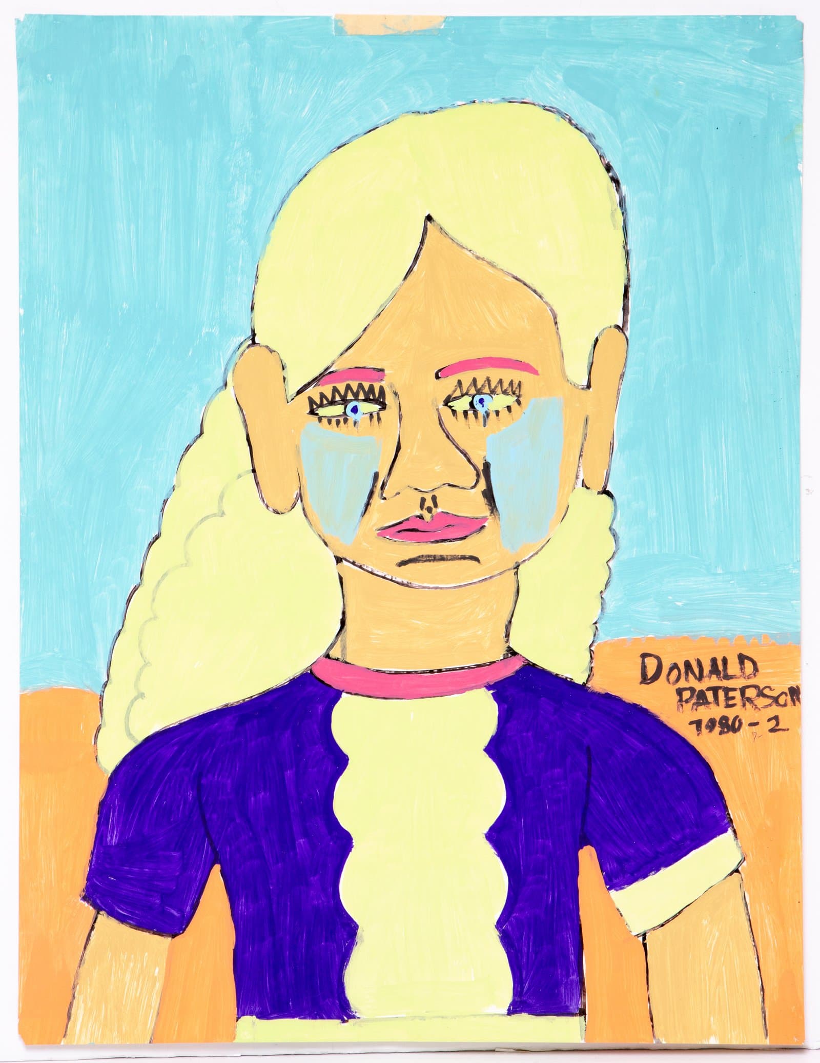 Acrylic portrait on paper of a blonde woman in a purple top against a turquoise background, signed Donald Paterson 1980-2.