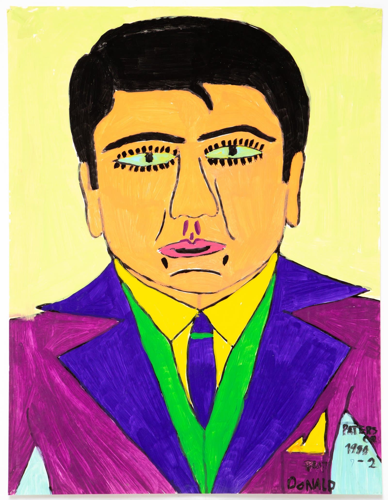 Acrylic portrait of a man with dark hair, teal eyes, and an orange face, wearing a purple blazer and green tie on yellow background.