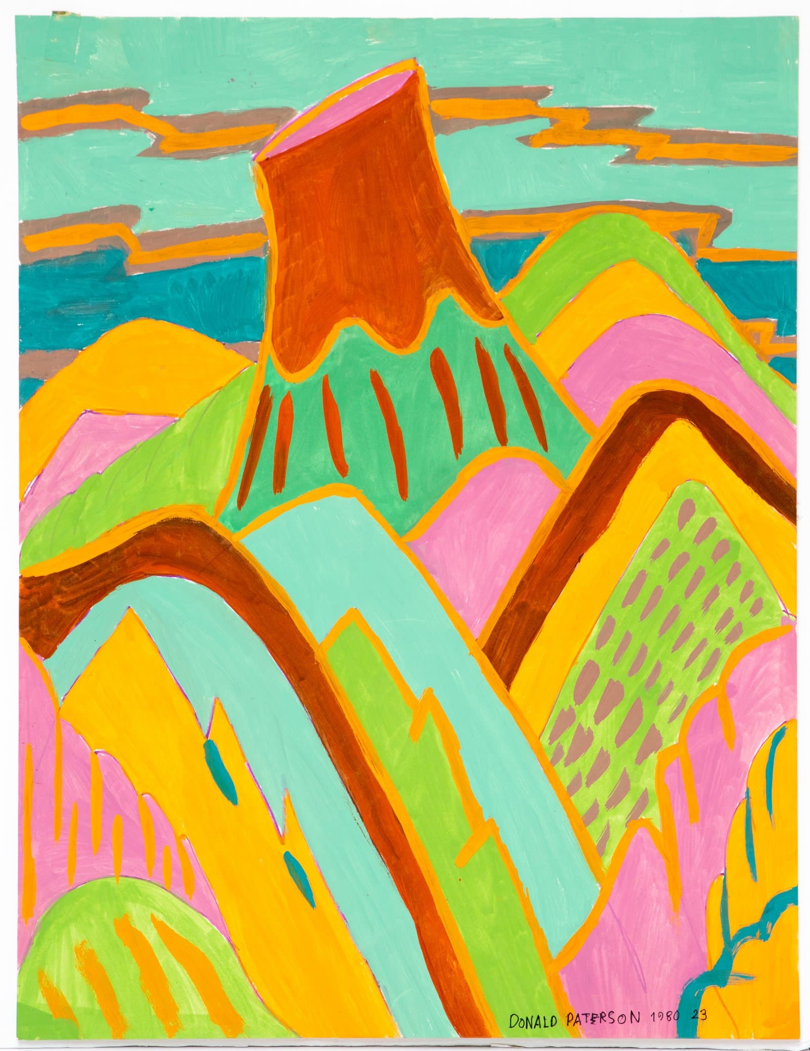 Colorful acrylic landscape painting of stylized mountains in yellow, pink, green, and orange beneath a teal sky.