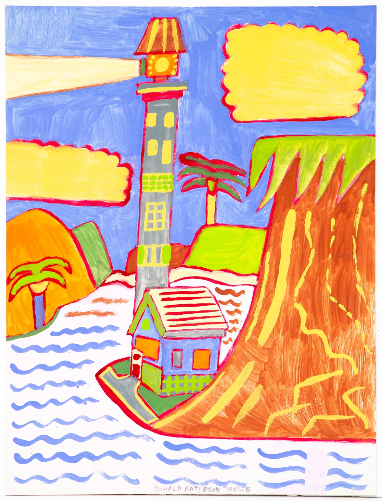 Acrylic painting of a lighthouse and small house on a peninsula, flanked by water and cliffs, with bold outlines.
