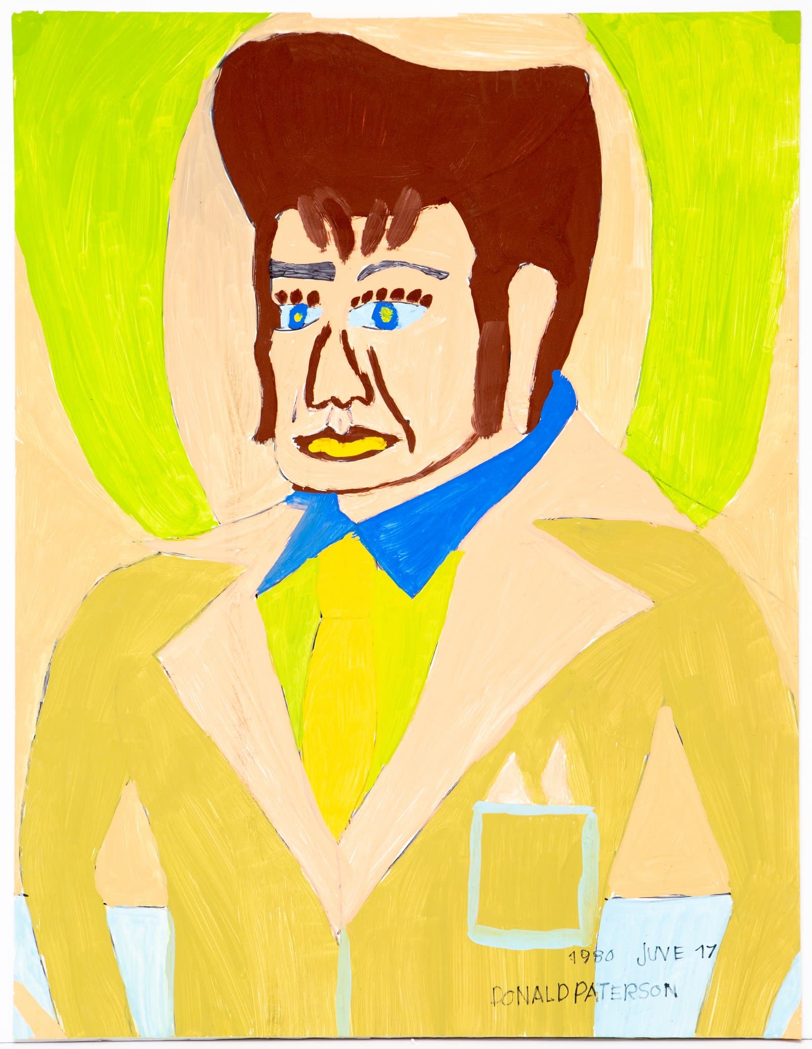 Acrylic portrait of a figure with dark brown hair, blue eyes, and yellow lips wearing a yellow jacket with blue collar.