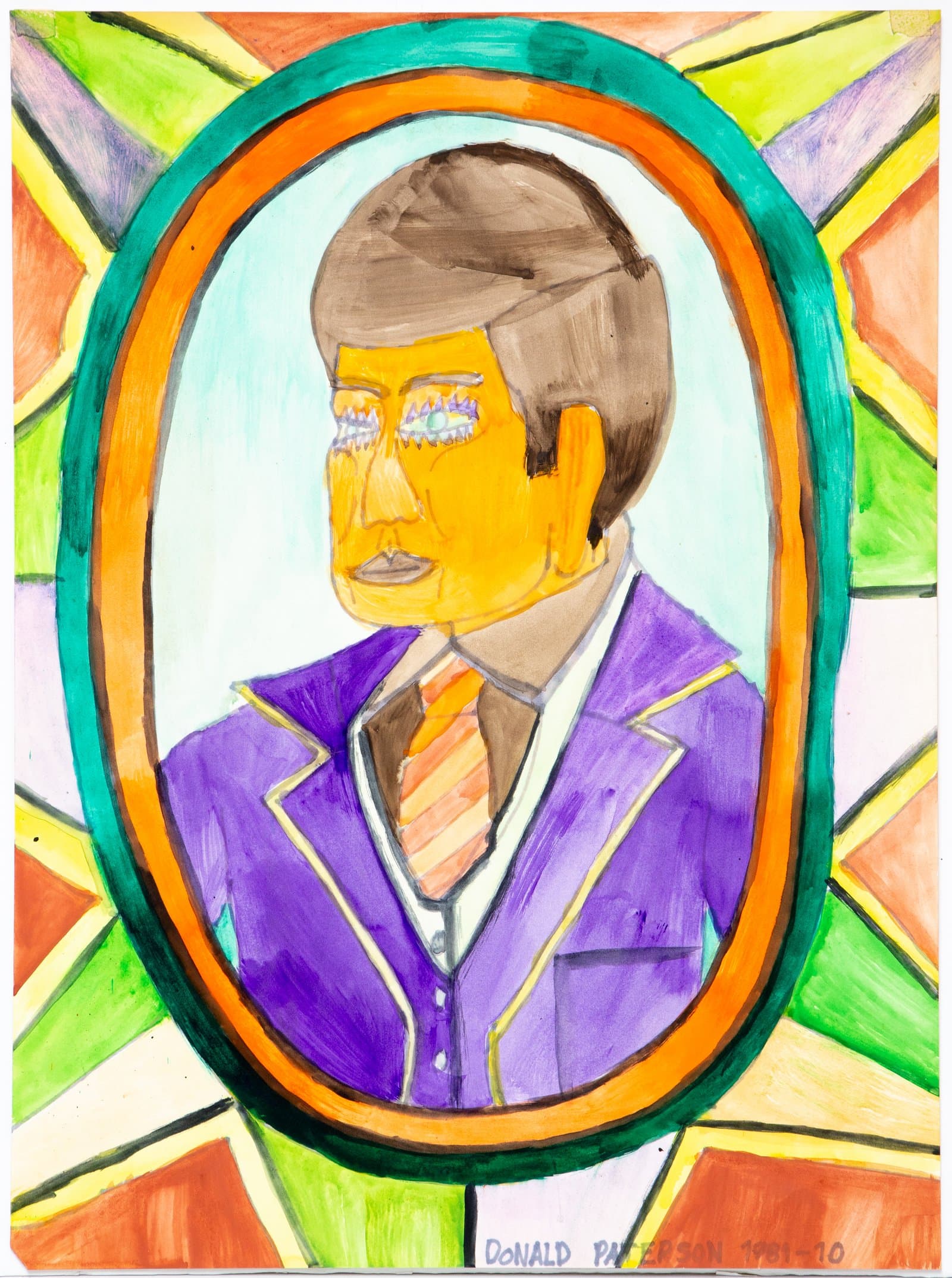 Watercolor portrait of a man in a purple suit within an oval frame, surrounded by a stained-glass-style geometric background.