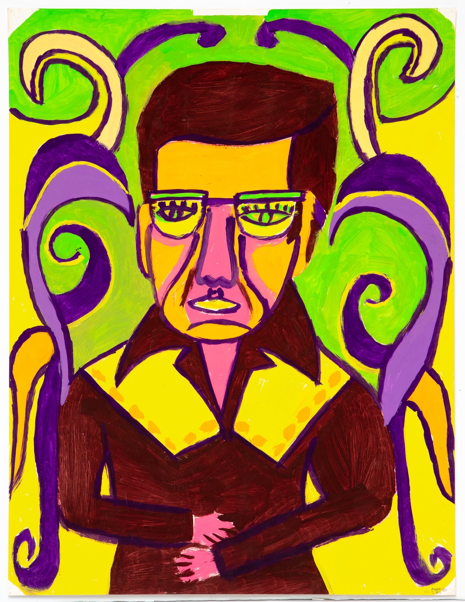 Bold acrylic portrait of a figure with glasses on yellow background, flanked by purple and green swirling forms.