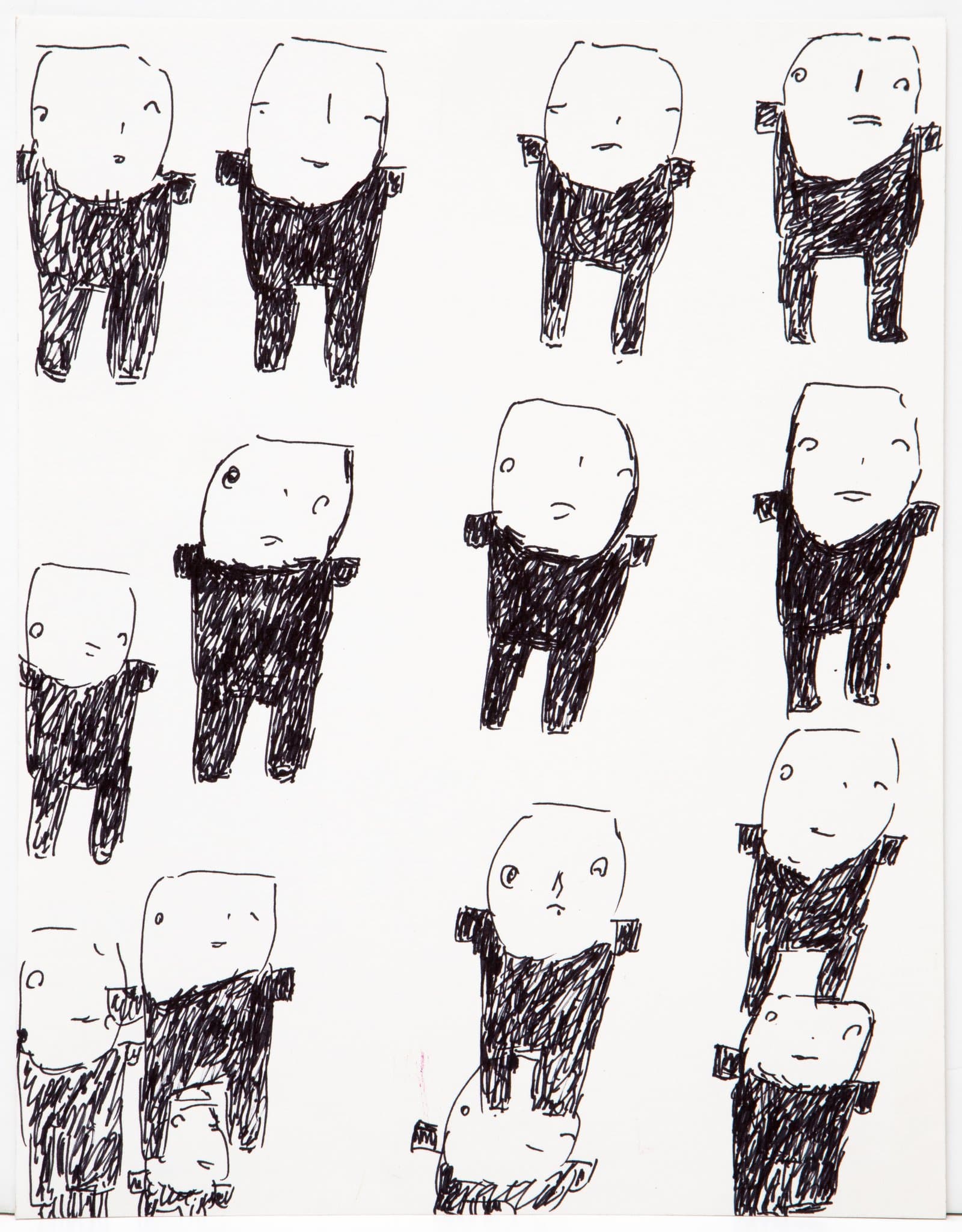Ink drawing on white paper featuring a repeating grid of simplified human figures with round heads and dark crosshatched bodies.
