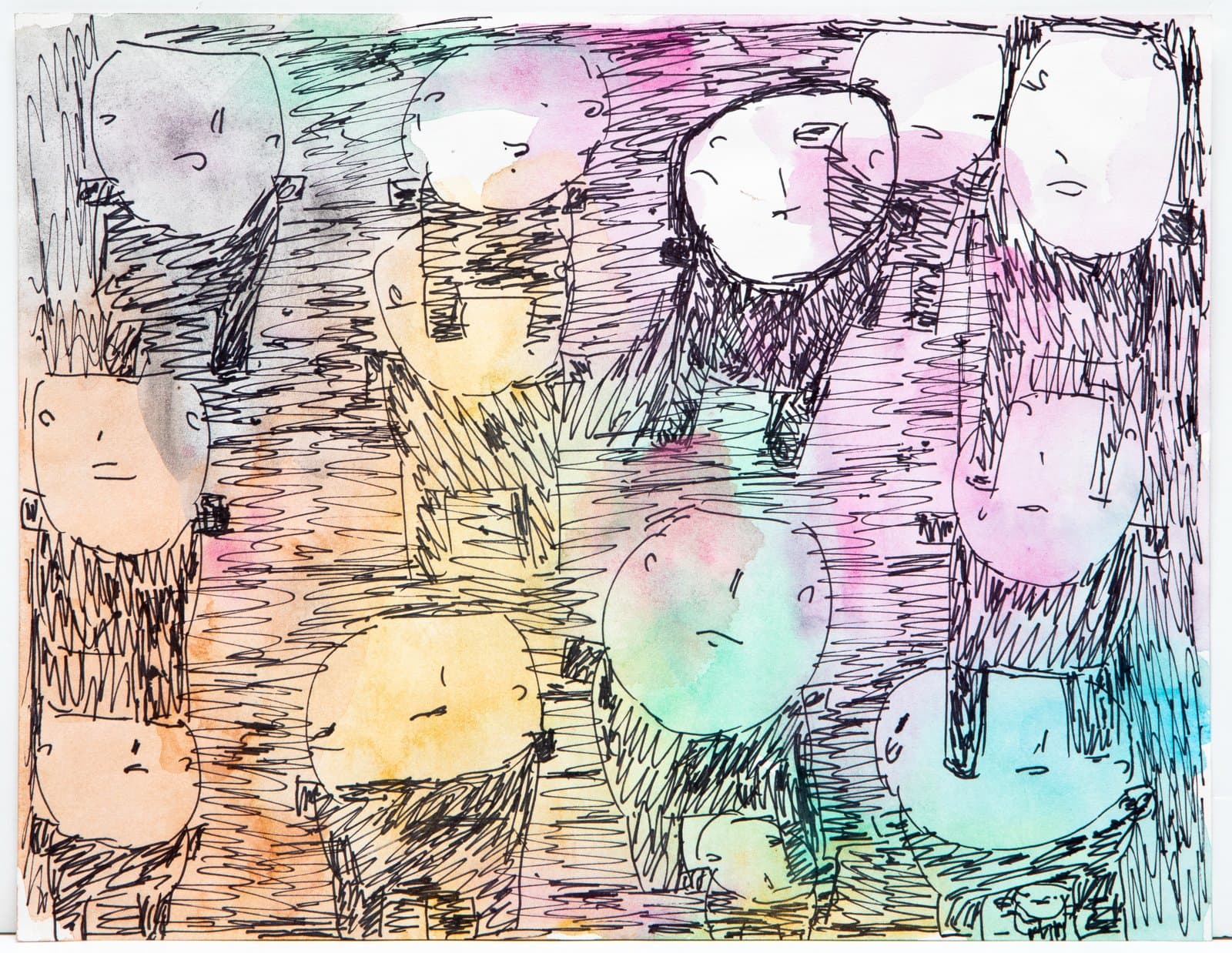 Ink and watercolor drawing of a crowd of simplified figures with round heads in pastel hues on white paper.