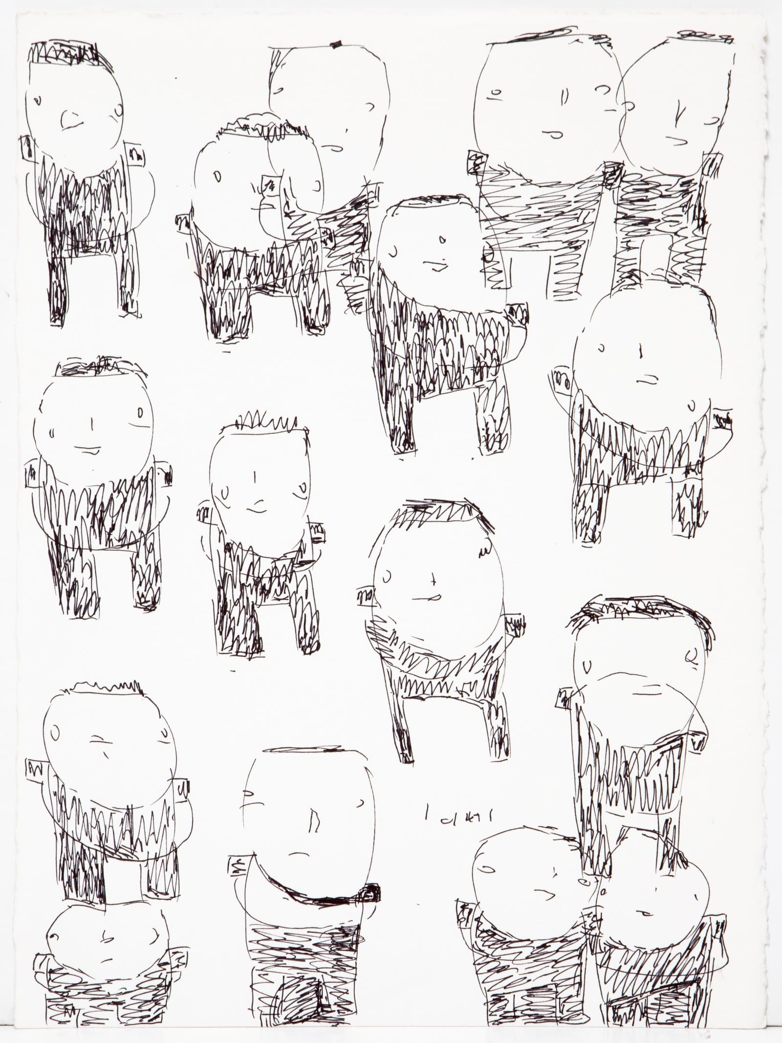 Ink drawing on white paper featuring multiple small figures with round heads and cross-hatched bodies arranged across the sheet.