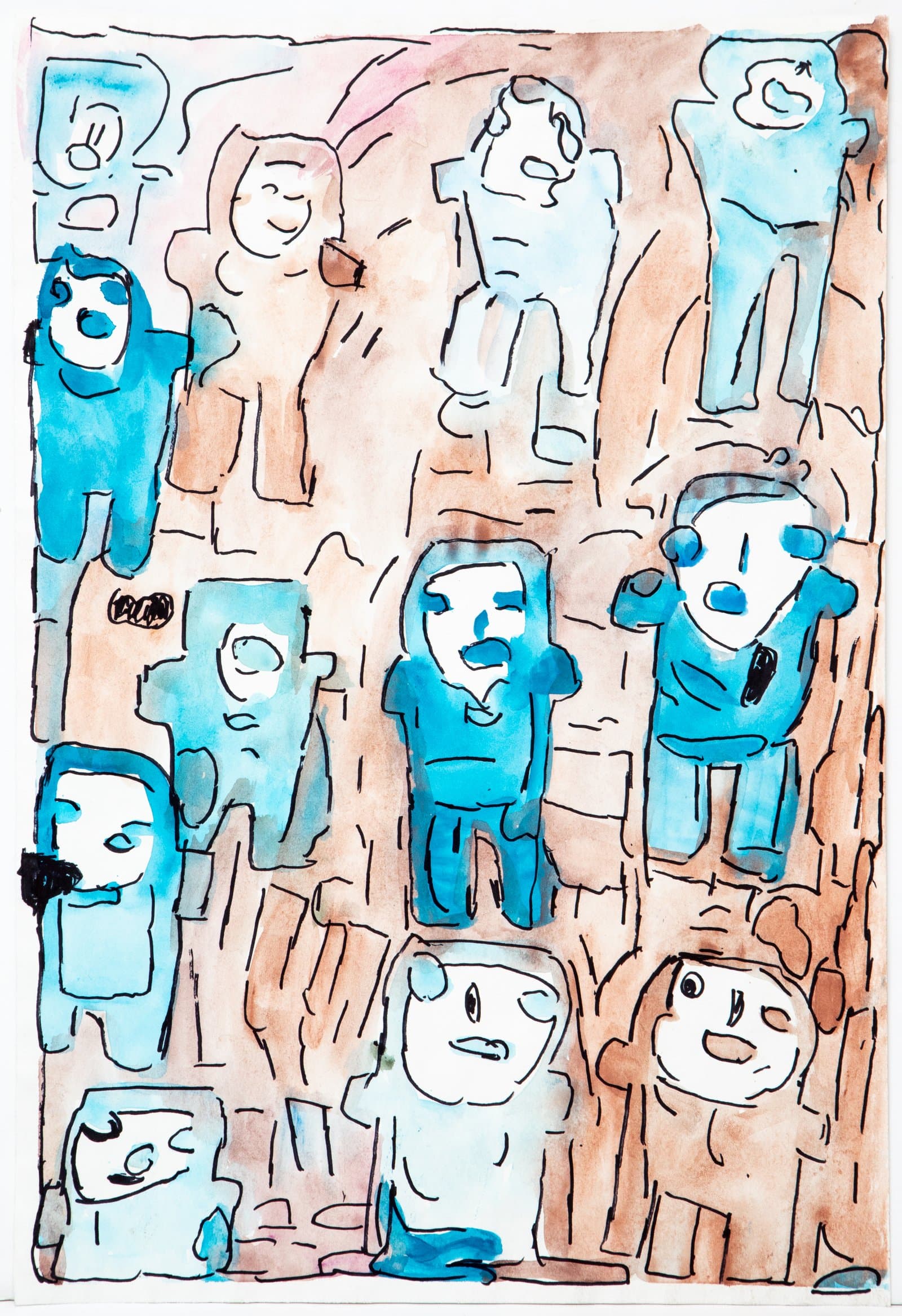 Watercolor and ink drawing of numerous simplified human figures in blue and white on a warm tan-pink background.