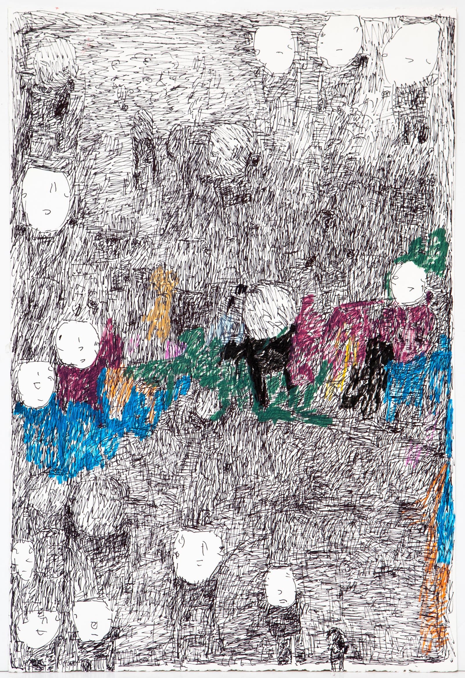 Dense ink drawing on paper with crowd of simplified figures, white oval faces, and bursts of color amid heavy black hatching.