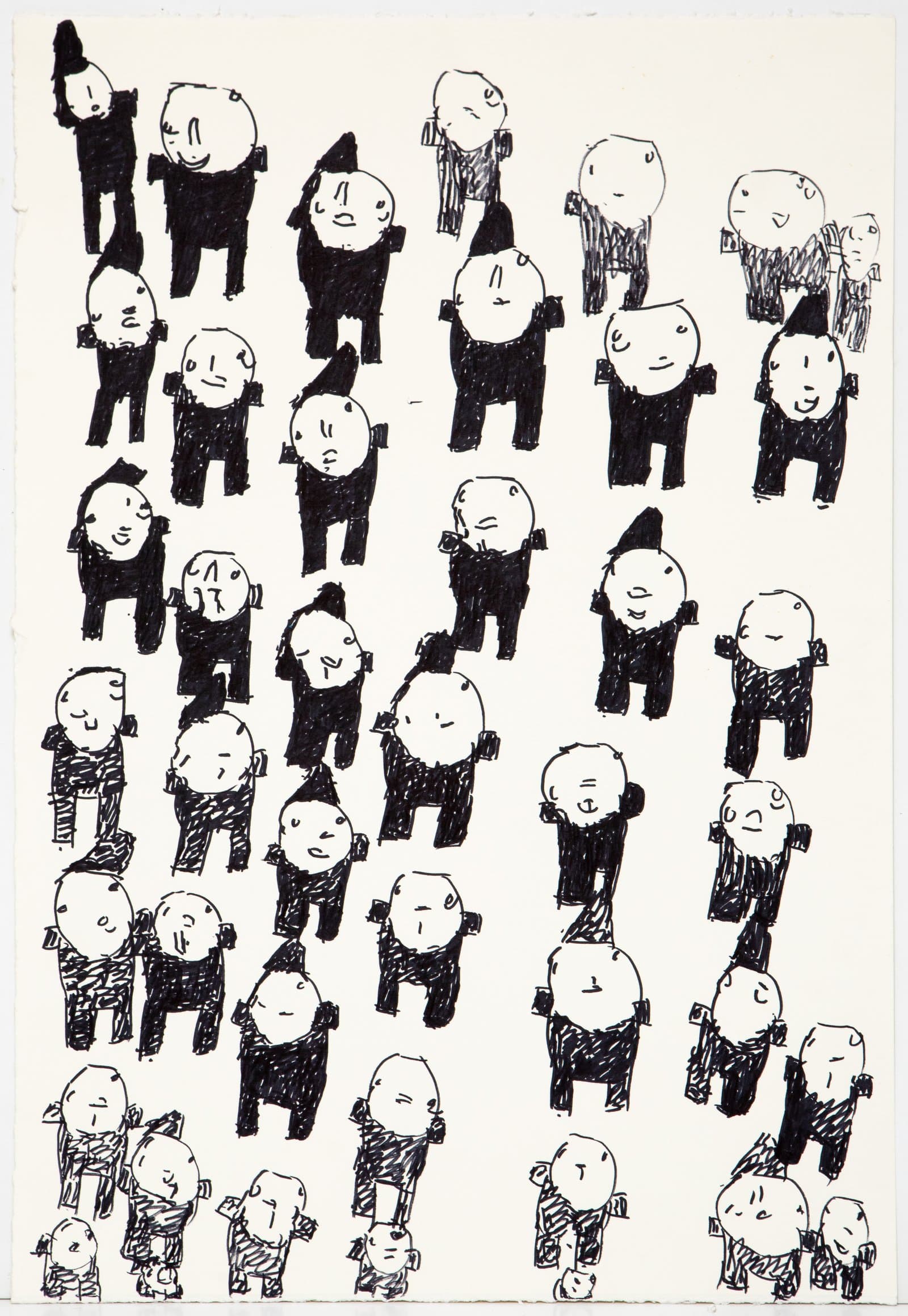 Ink drawing on white paper densely filled with rows of small schematic human figures in black and white.
