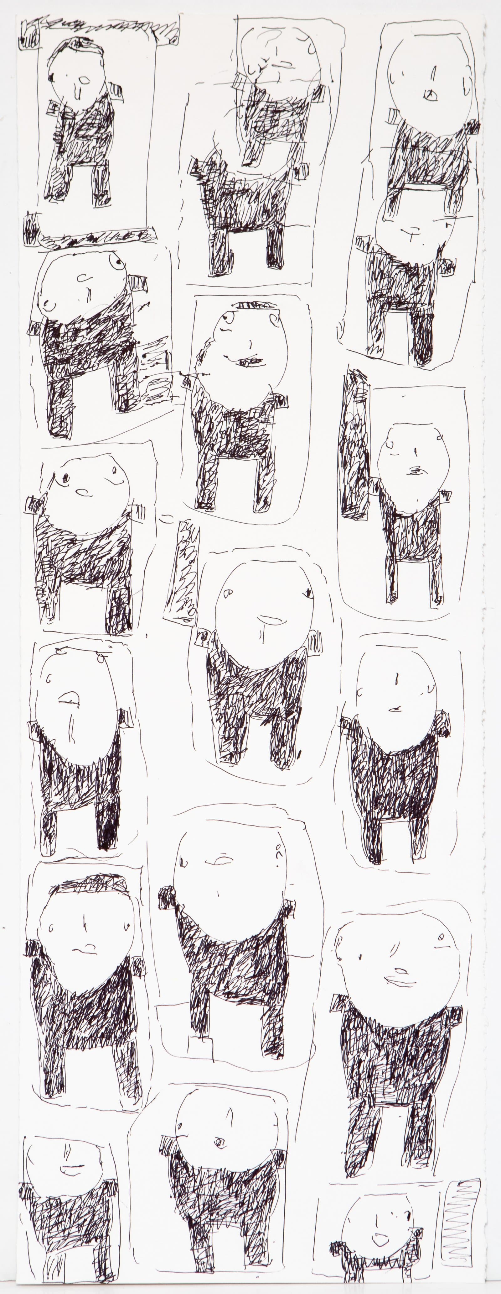 Ink drawing on white paper featuring a grid of roughly 18 framed human figures with round heads and dark crosshatched bodies.