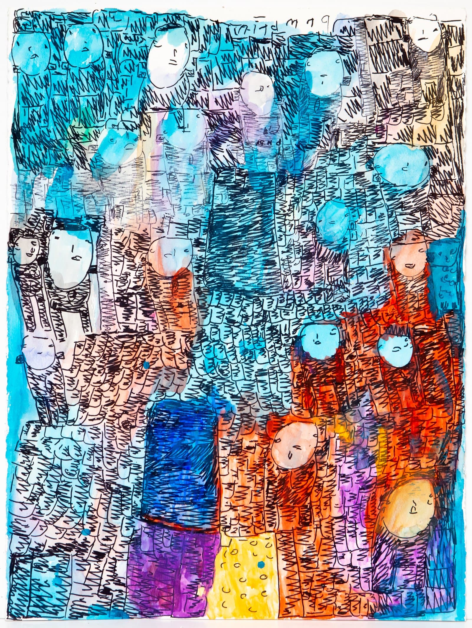 Watercolor and ink drawing densely packed with stylized human figures having round heads in turquoise, white, and orange tones.