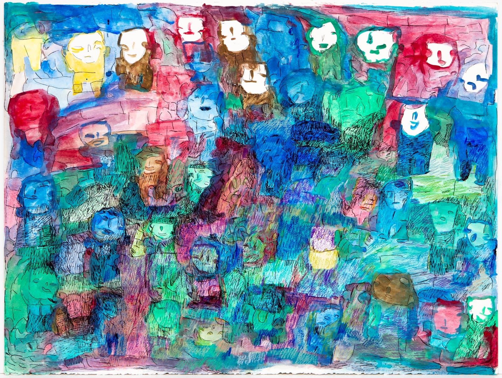 Mixed media drawing densely packed with small human figures in blue, green, red, and white on paper.