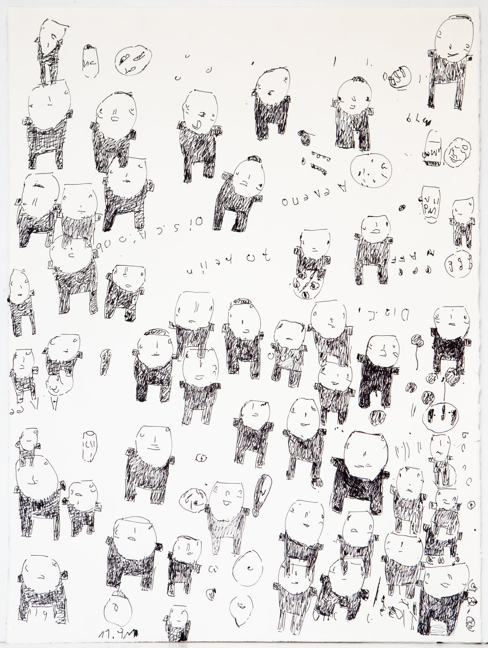 Ink drawing on white paper densely filled with small figurative forms featuring rounded heads and blocky bodies, with scattered text.