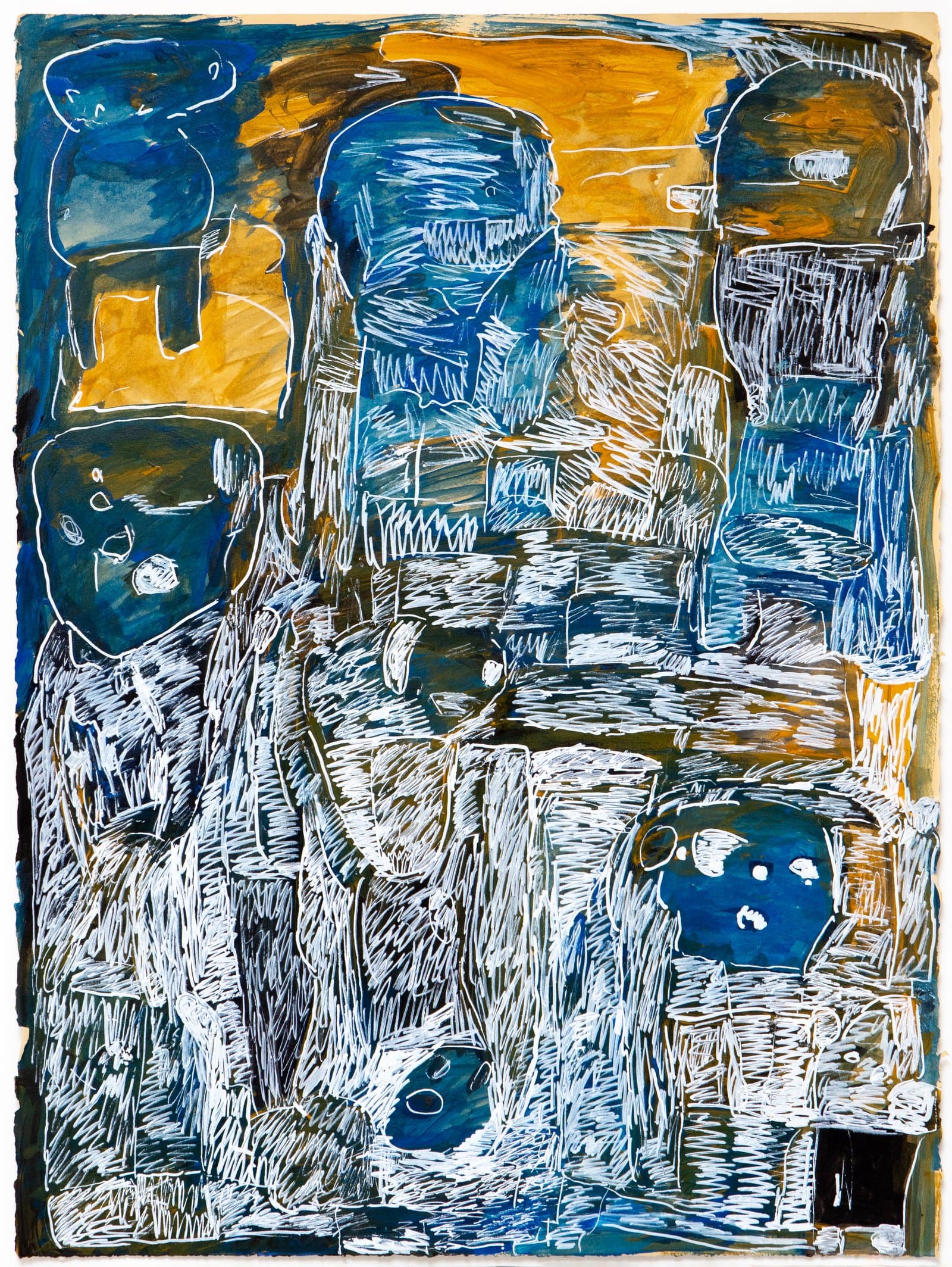 Large watercolor and ink drawing with densely hatched abstract figures in blue, gold, and white on paper.