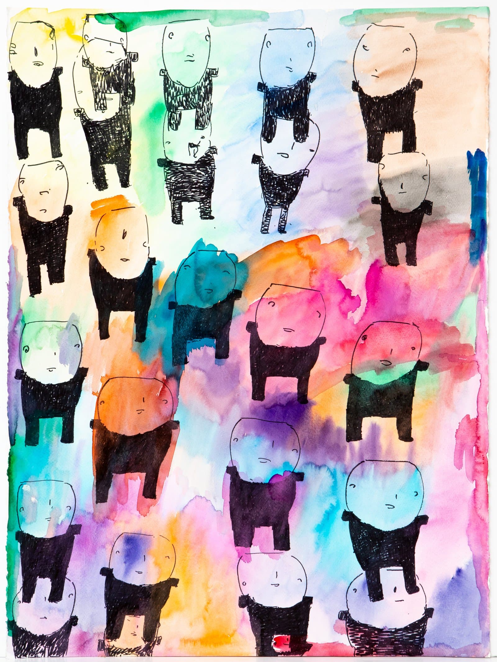 Watercolor and ink drawing featuring rows of simplified human figures with oval heads and black bodies on a multicolored background.